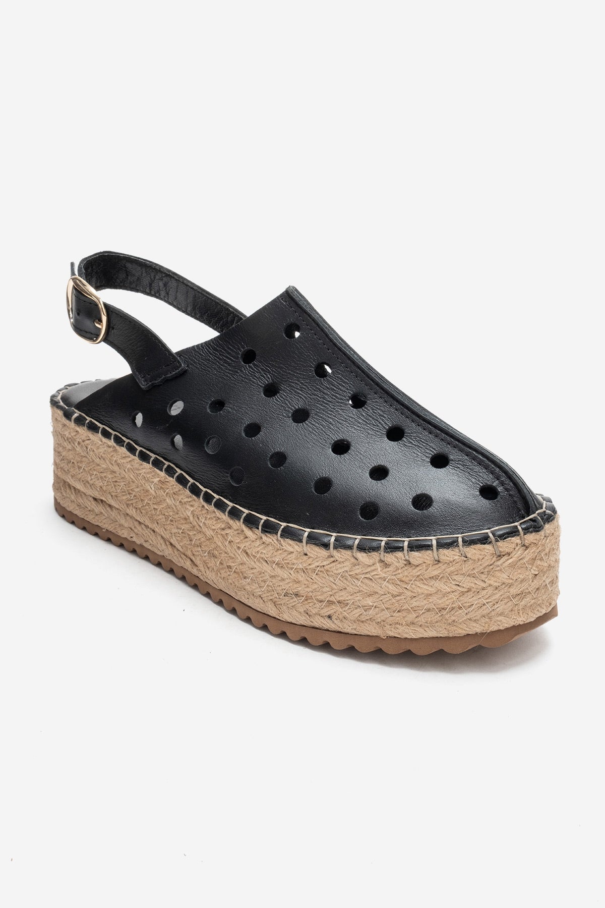 FRAGA - Black Genuine Leather Woven Platform Sandal – detail view showing leather, black, Vowalisse
