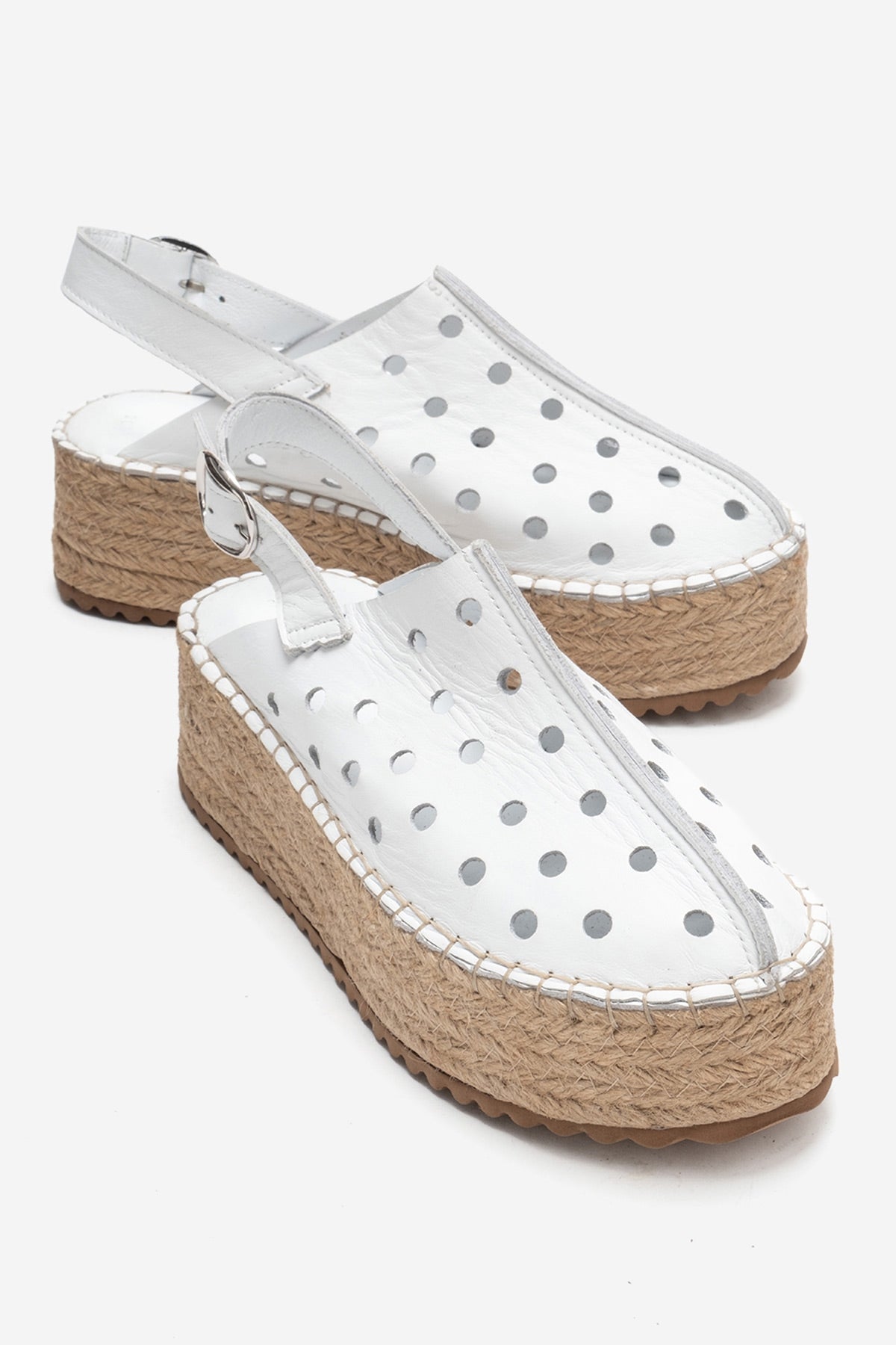 FRAGA - White Genuine Leather Wedge Sandal – front three-quarter view showing leather, white, Vowalisse