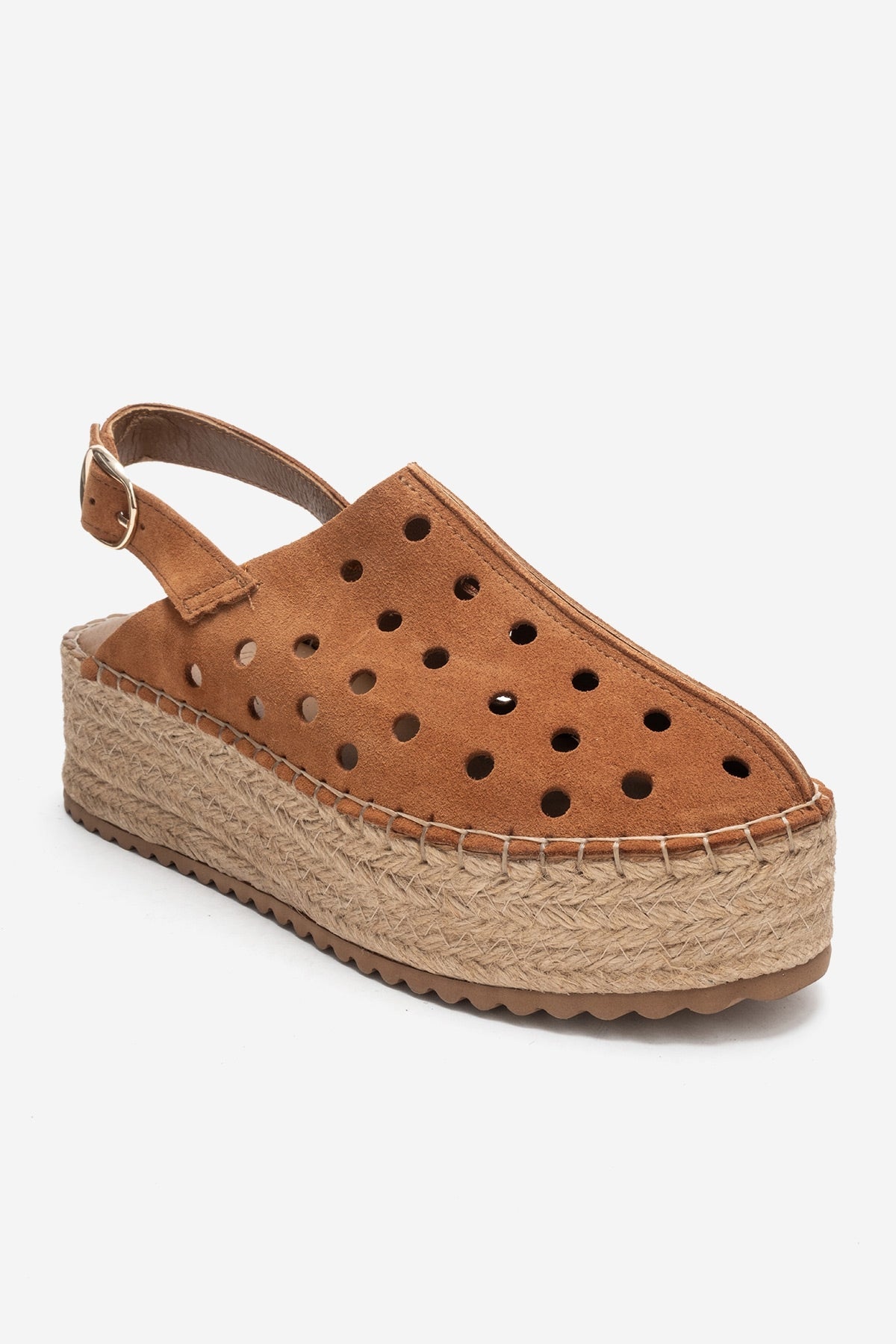 FRAGA - Tan Genuine Leather Wedge Sandal – detail view showing leather, Vowalisse