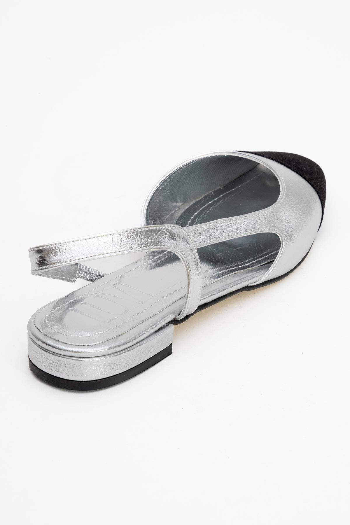 Lujo - Silver Backless Ballet Flat – back view showing leather, silver, Vowalisse