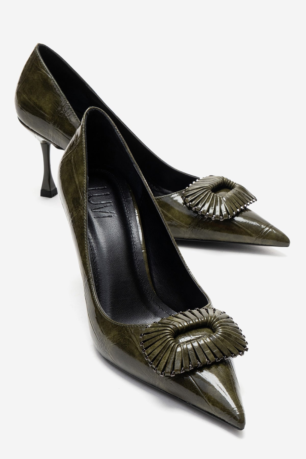 REBEL - Green Stiletto Pump – front three-quarter view showing leather, green, Vowalisse