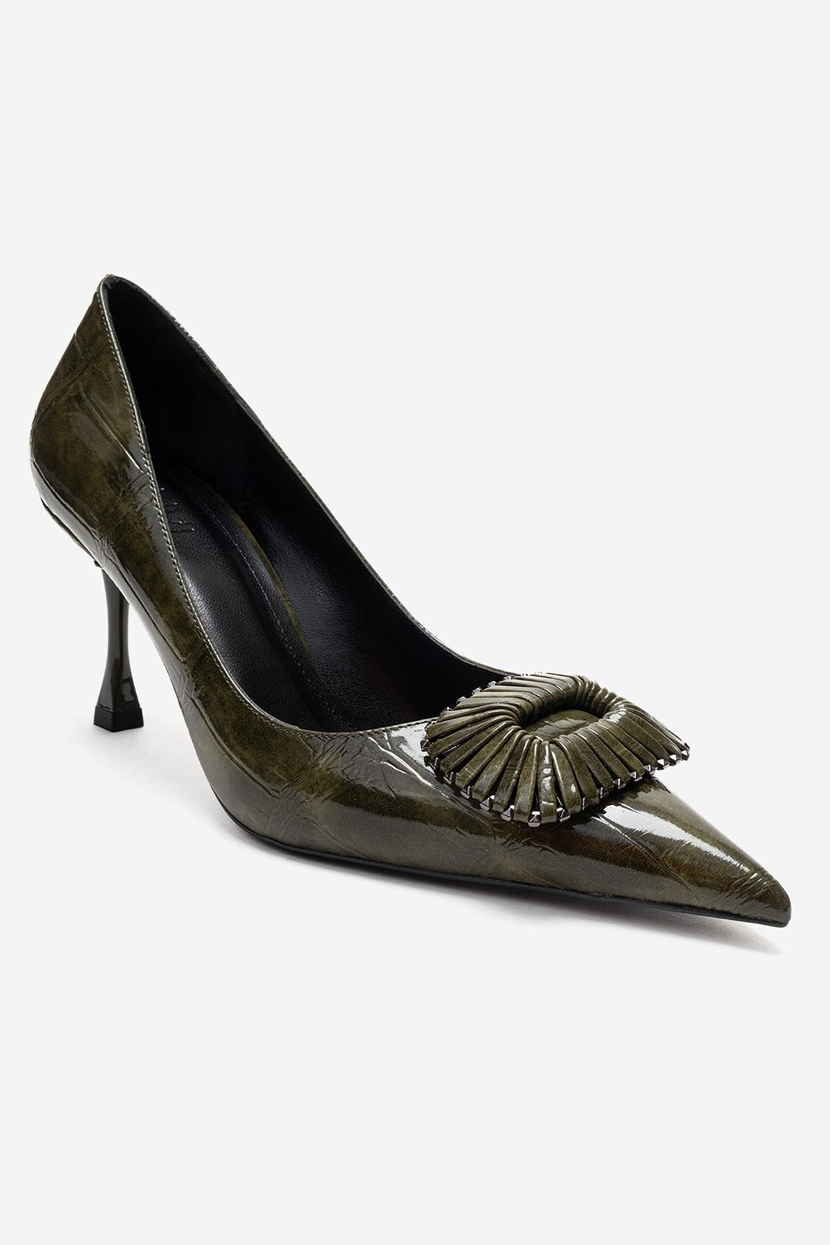 REBEL - Green Stiletto Pump – detail view showing leather, green, Vowalisse