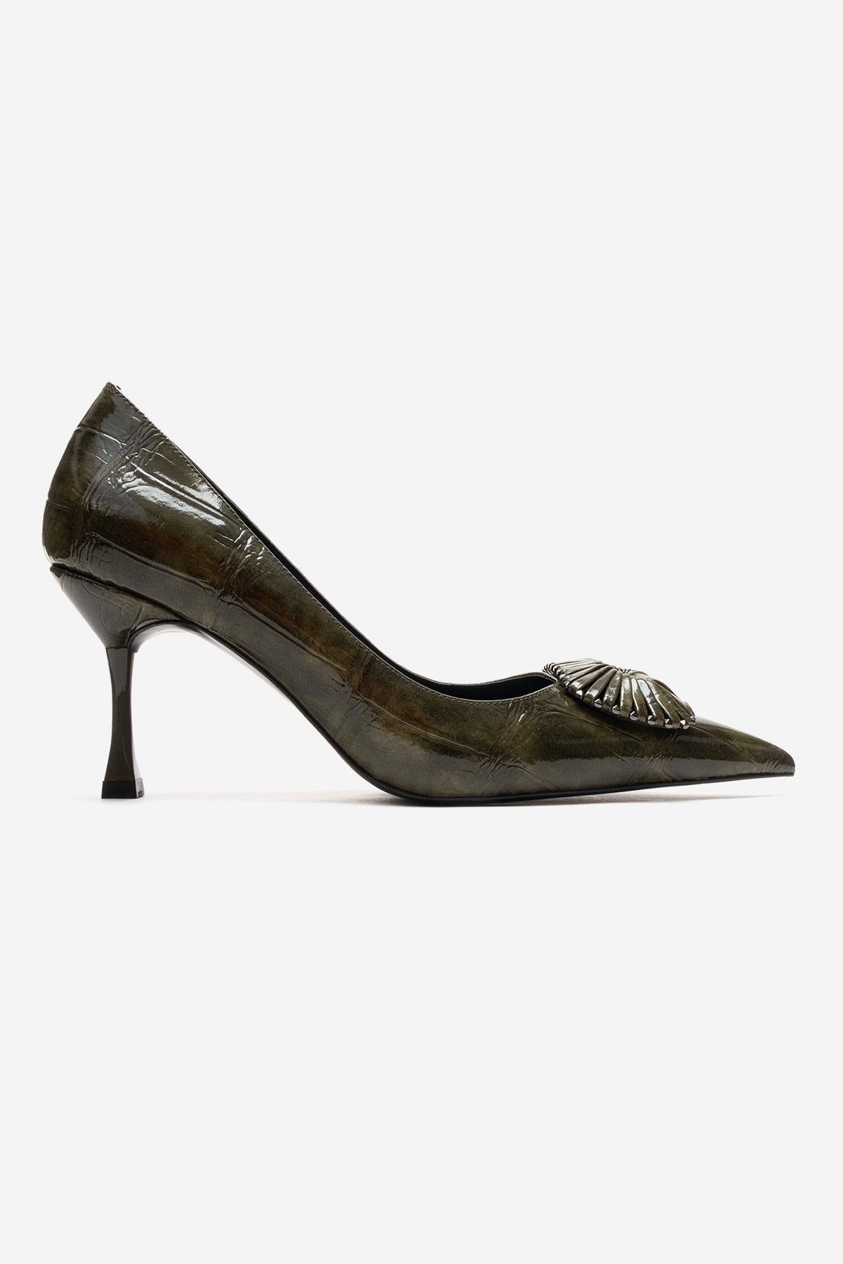 REBEL - Green Stiletto Pump – heel view showing leather, green, Vowalisse