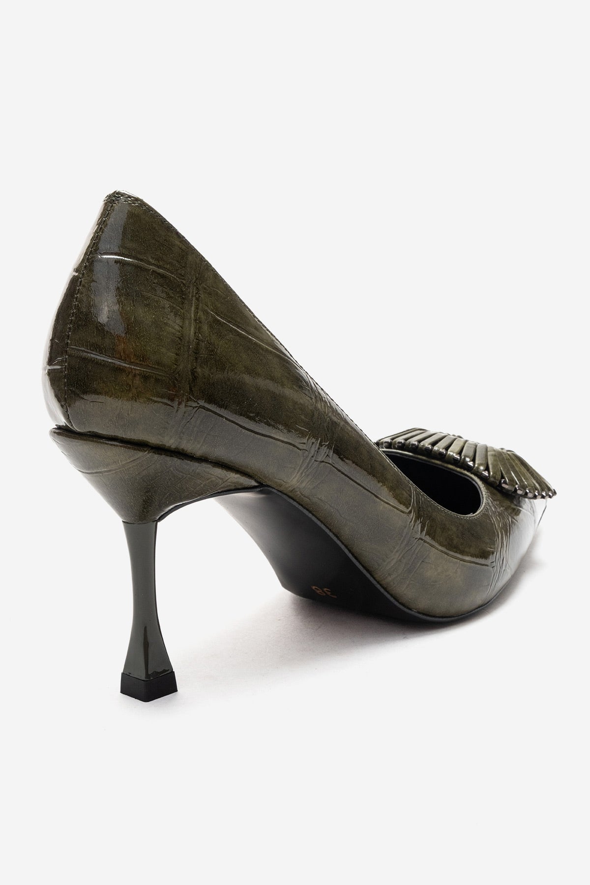 REBEL - Green Stiletto Pump – back view showing leather, green, Vowalisse