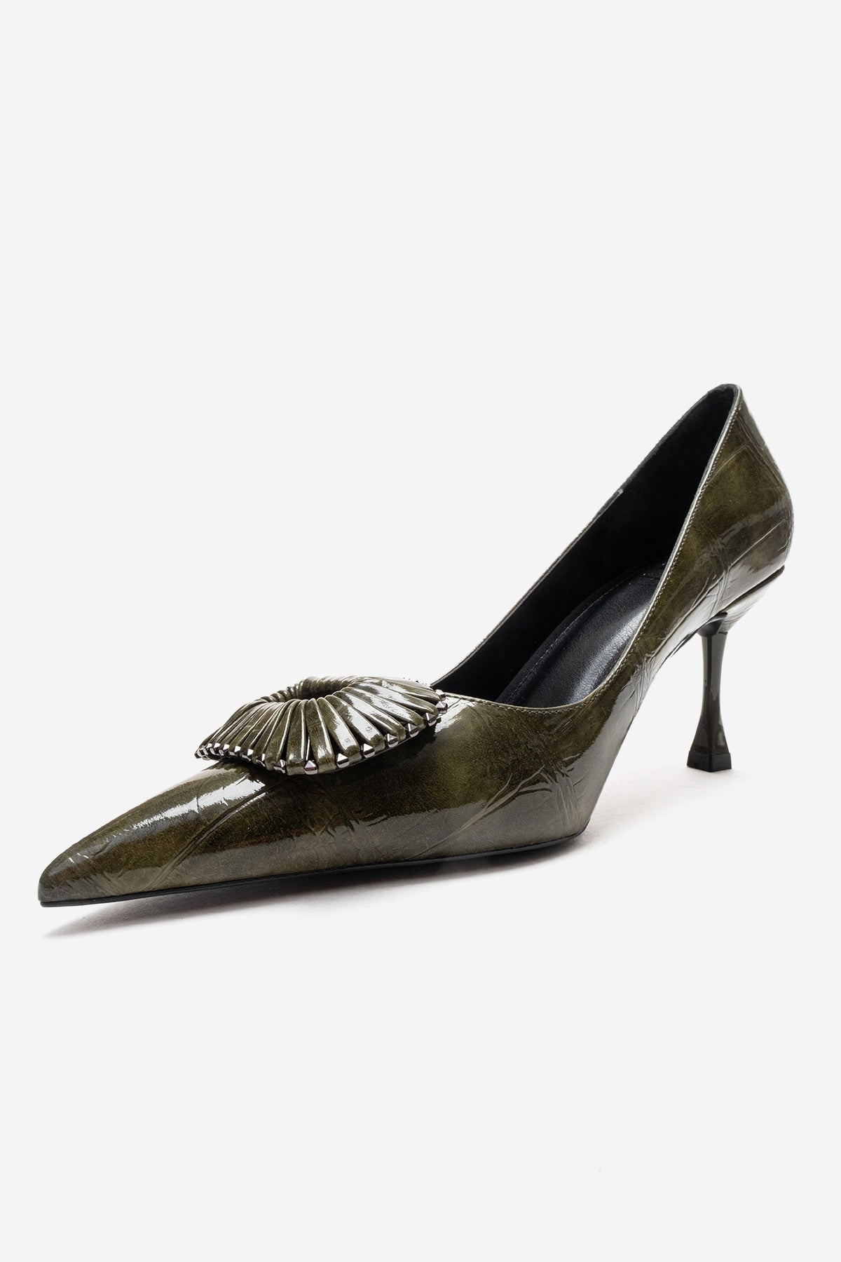 REBEL - Green Stiletto Pump – top view showing leather, green, Vowalisse