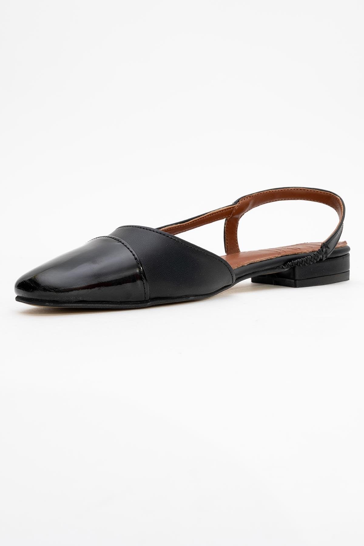 Lujo - Black Backless Ballet Flat – detail view showing leather, black, Vowalisse