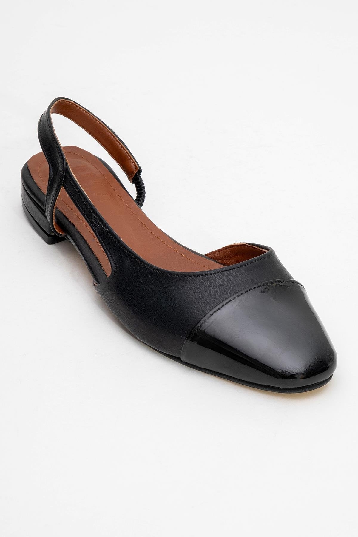 Lujo - Black Backless Ballet Flat – heel view showing leather, black, Vowalisse