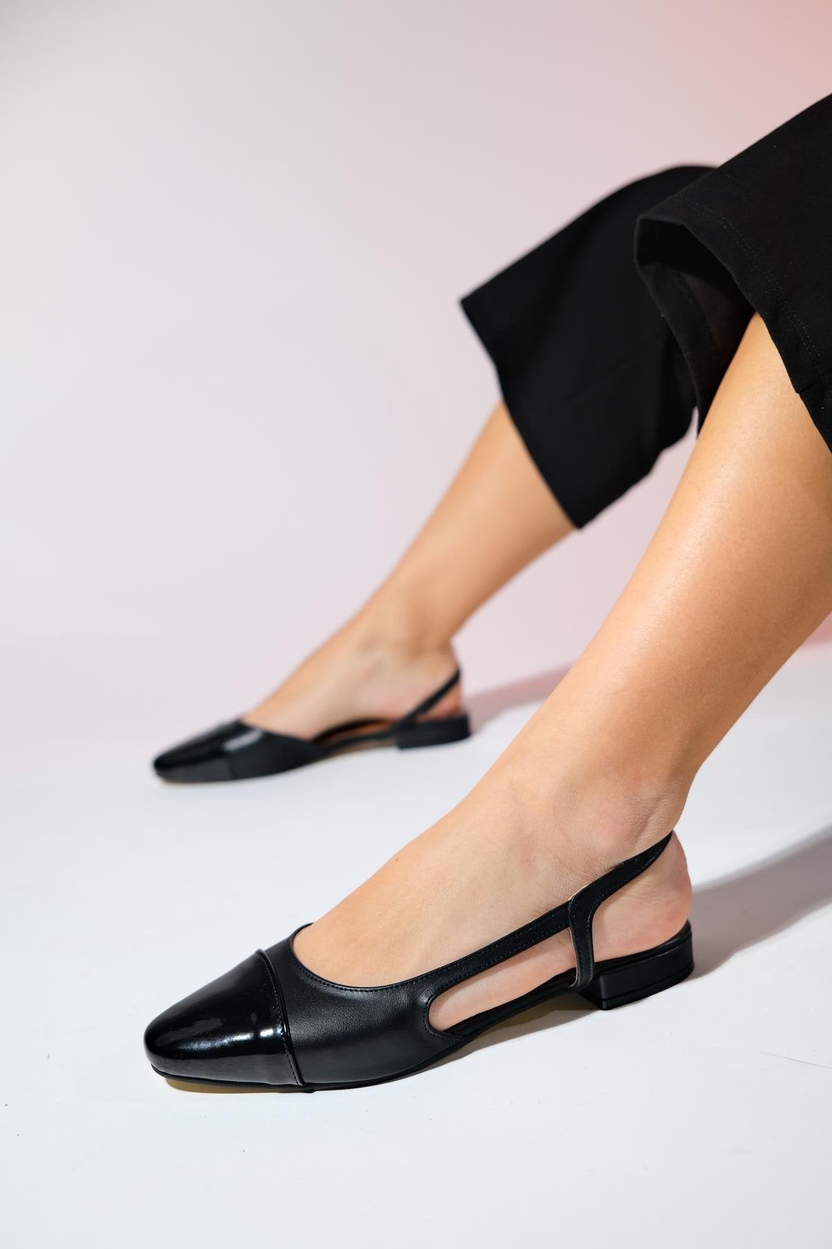 Lujo - Black Backless Ballet Flat – sole view showing leather, black, Vowalisse