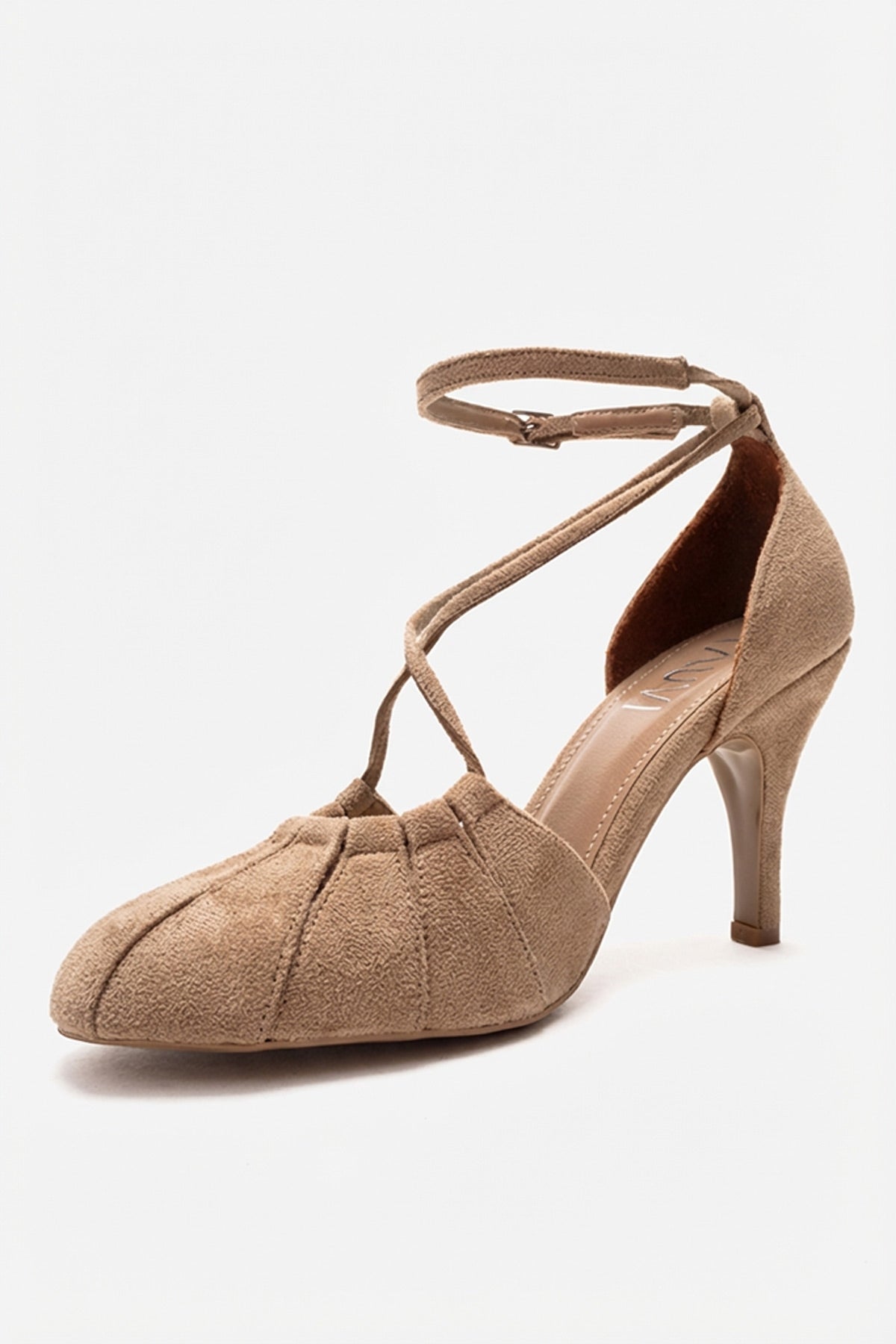 ELIZA - Beige Genuine Leather Stiletto Pump – heel view showing leather, suede, Vowalisse