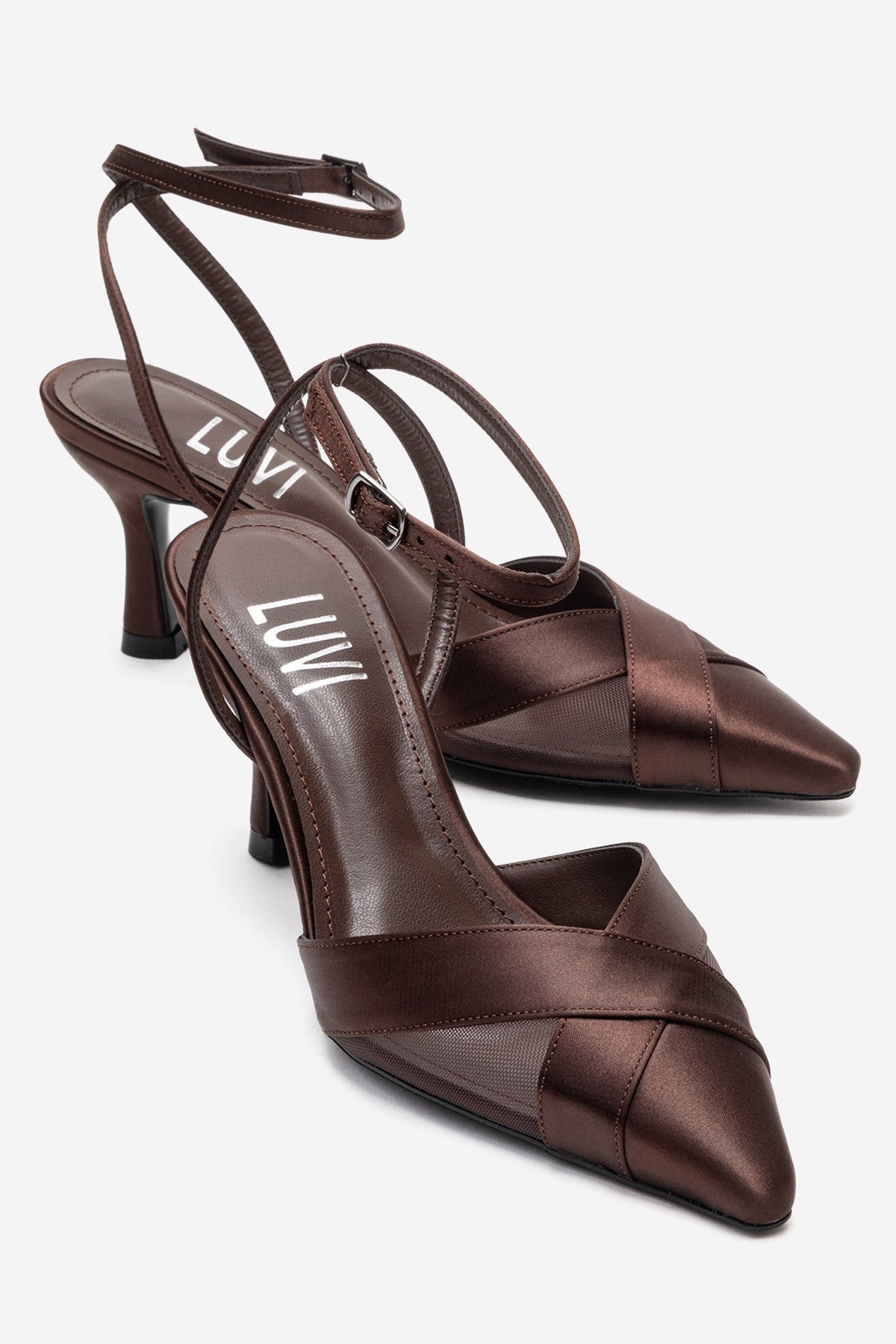 ESTELA - Brown Genuine Leather Stiletto Pump – front three-quarter view showing satin, leather, mesh, Vowalisse