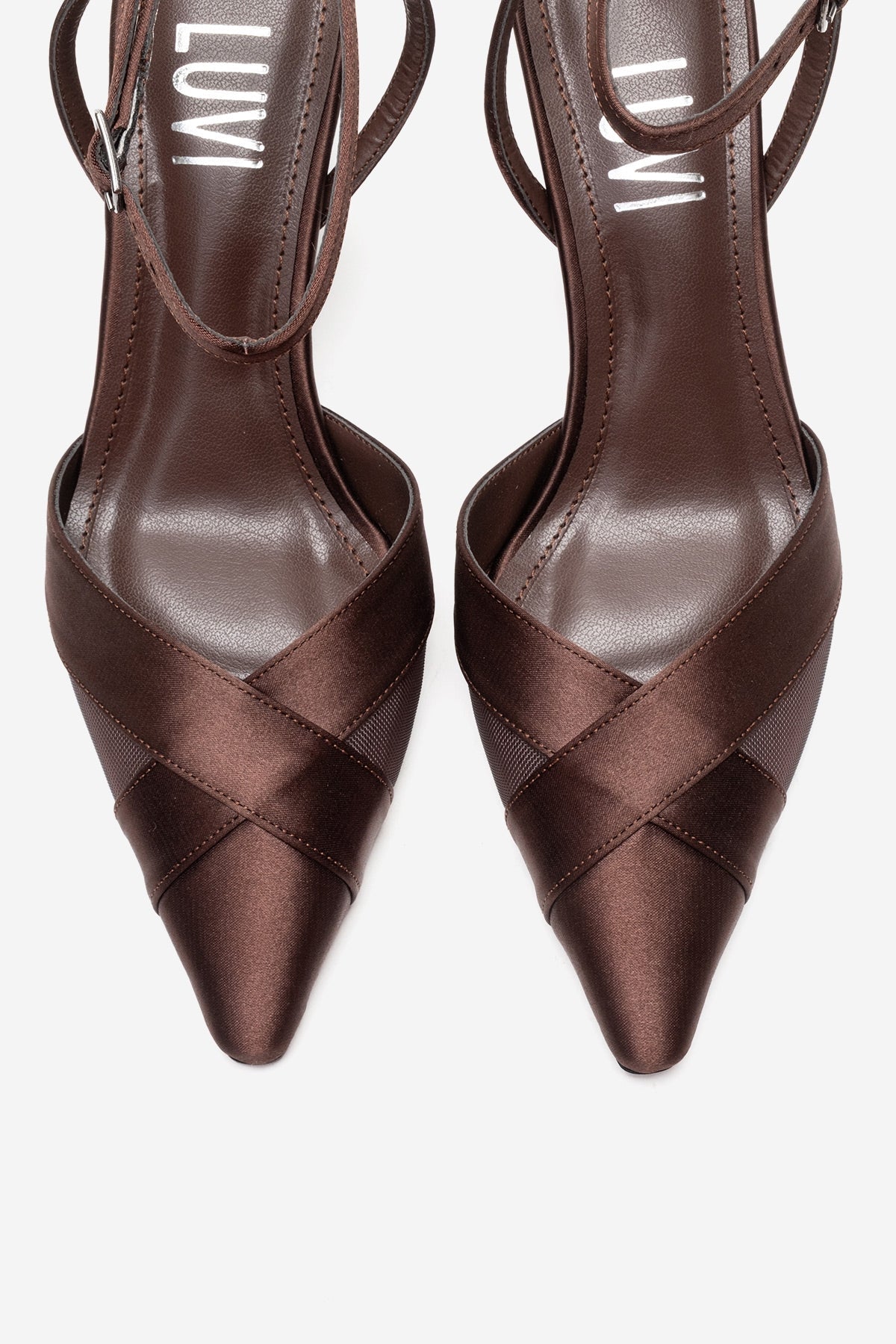 ESTELA - Brown Genuine Leather Stiletto Pump – side view showing satin, leather, mesh, Vowalisse