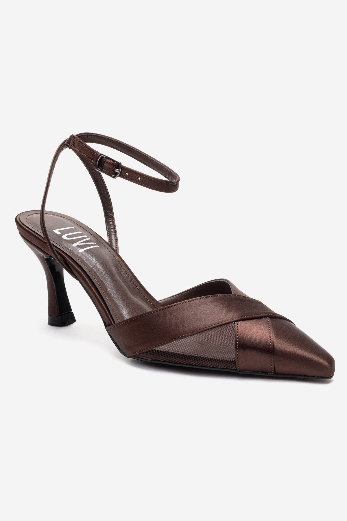 ESTELA - Brown Genuine Leather Stiletto Pump – detail view showing satin, leather, mesh, Vowalisse