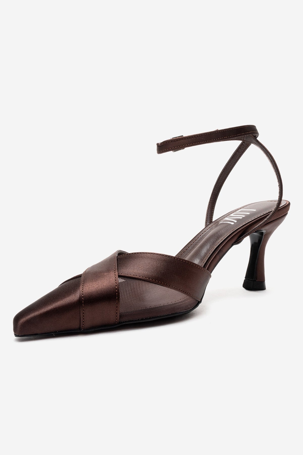 ESTELA - Brown Genuine Leather Stiletto Pump – top view showing satin, leather, mesh, Vowalisse