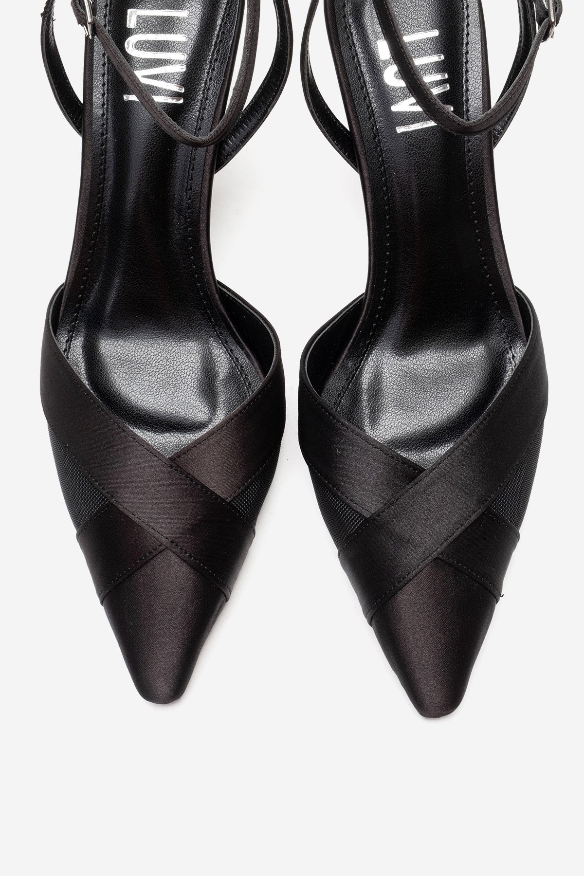 ESTELA - Black Genuine Leather Stiletto Pump – side view showing satin, leather, mesh, Vowalisse