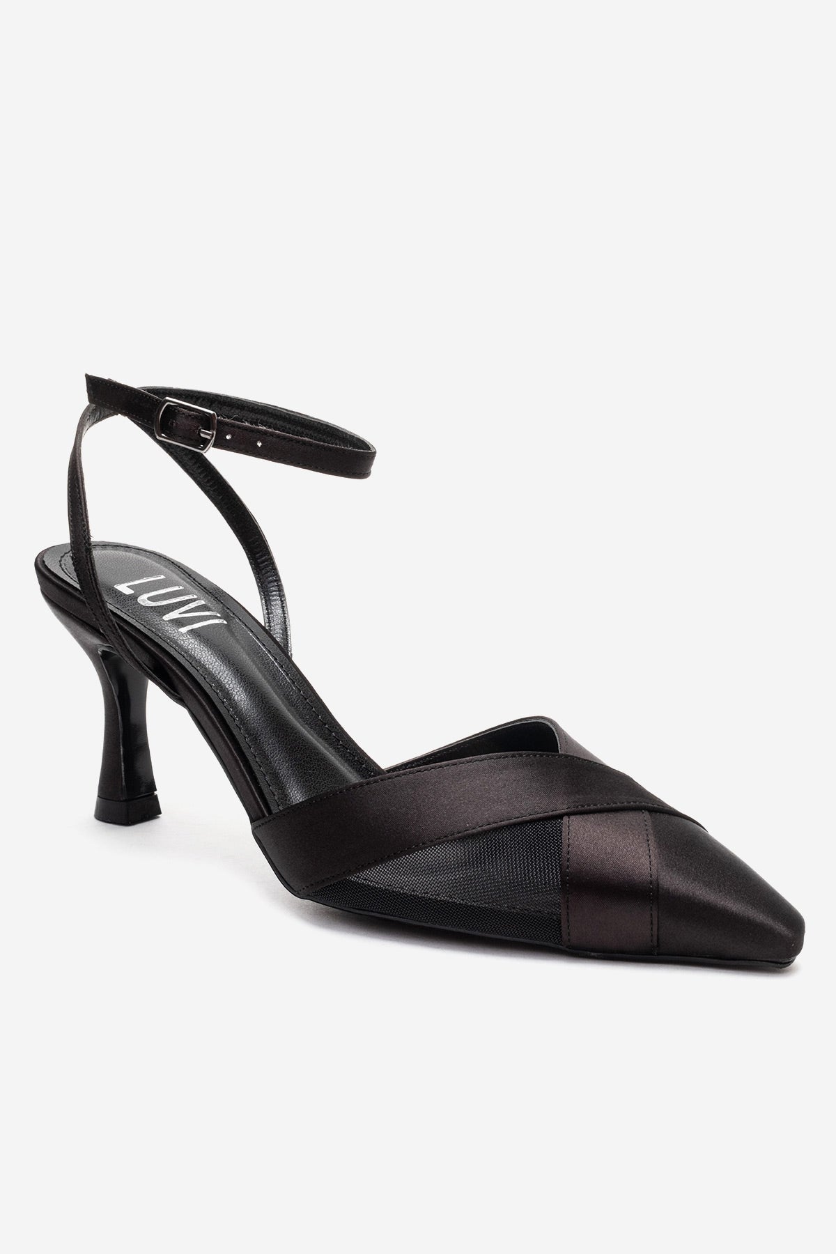 ESTELA - Black Genuine Leather Stiletto Pump – detail view showing satin, leather, mesh, Vowalisse