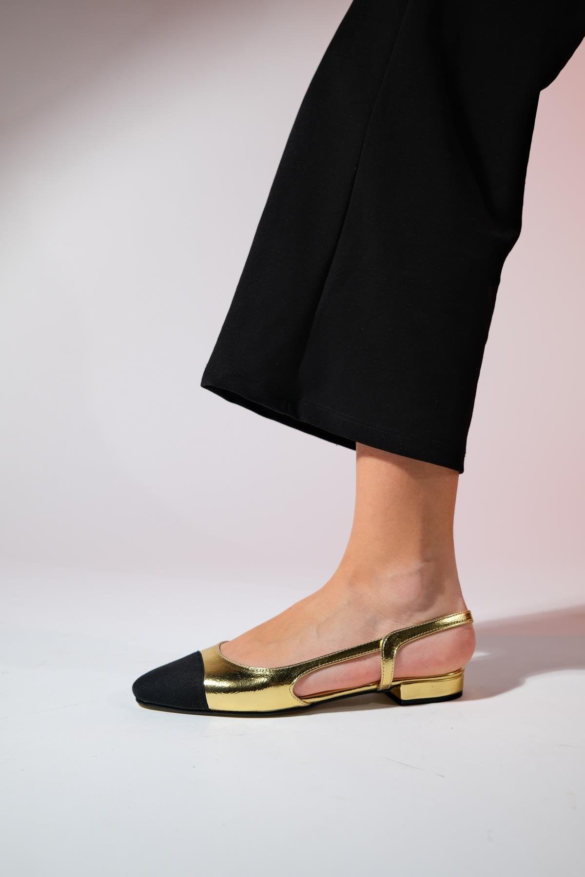 Lujo - Gold Backless Flat Ballerina – side view showing leather, gold, Vowalisse