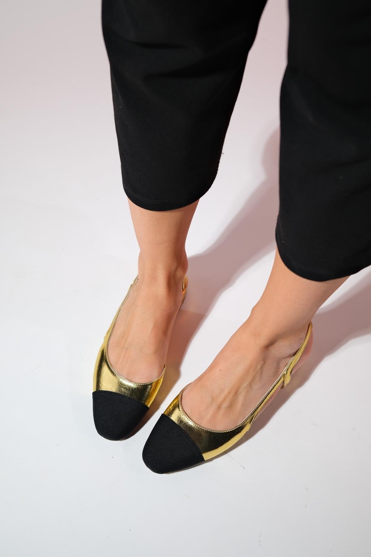 Lujo - Gold Backless Flat Ballerina – detail view showing leather, gold, Vowalisse