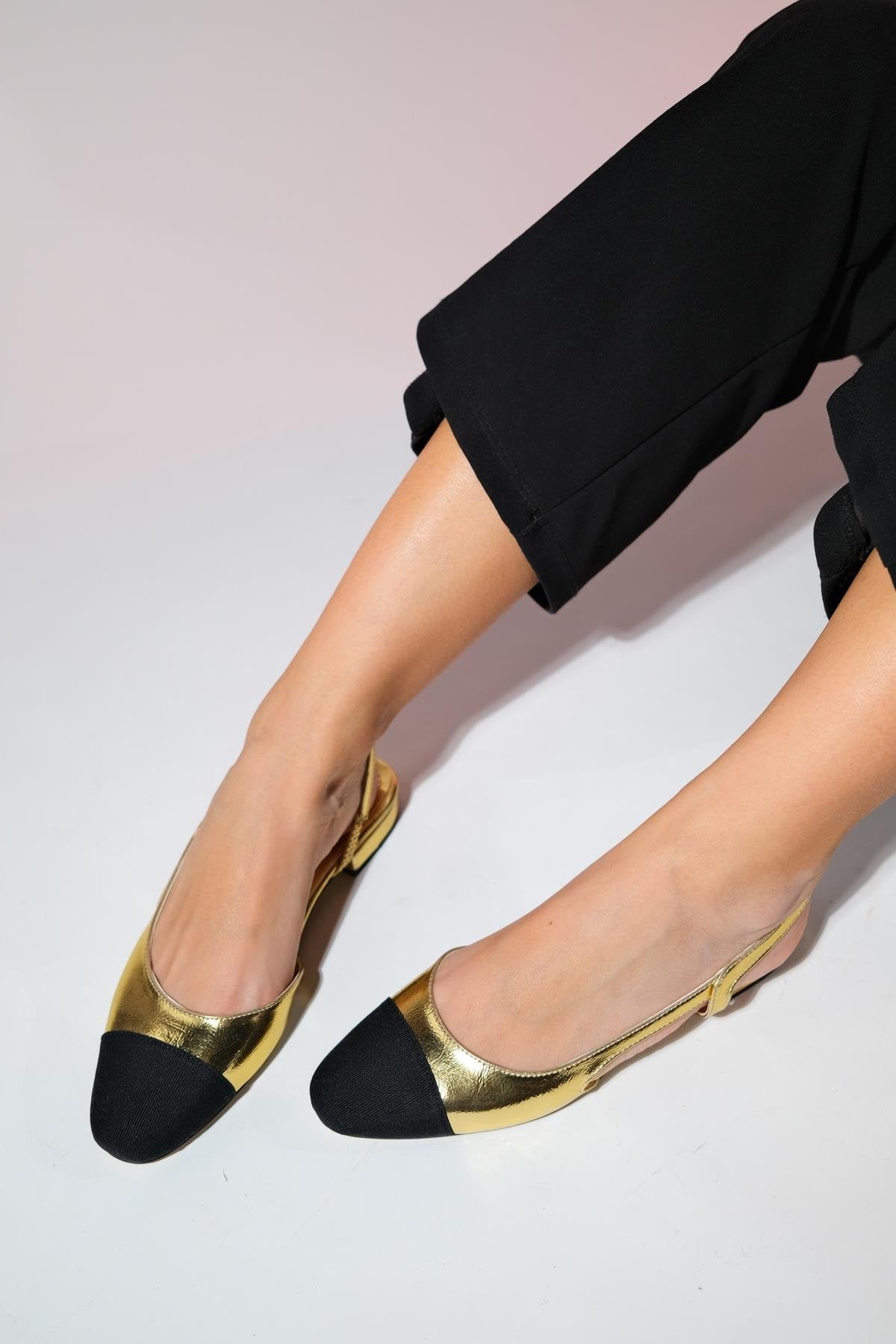 Lujo - Gold Backless Flat Ballerina – back view showing leather, gold, Vowalisse