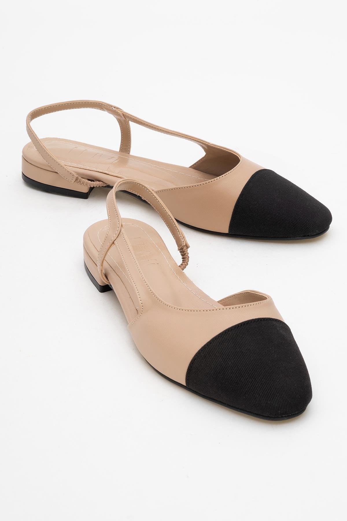 Lujo - Beige Backless Flat Ballerina – front three-quarter view showing leather, Vowalisse