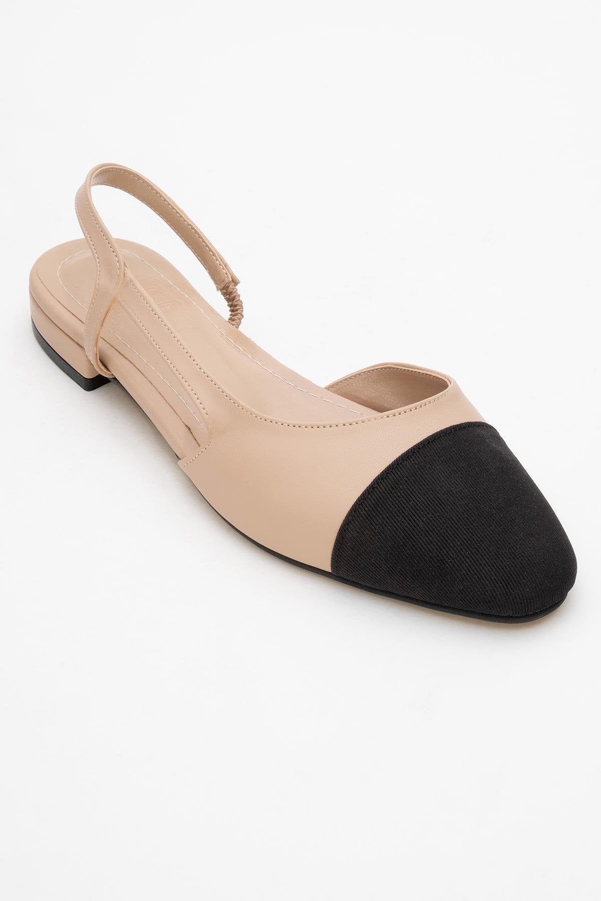 Lujo - Beige Backless Flat Ballerina – detail view showing leather, Vowalisse