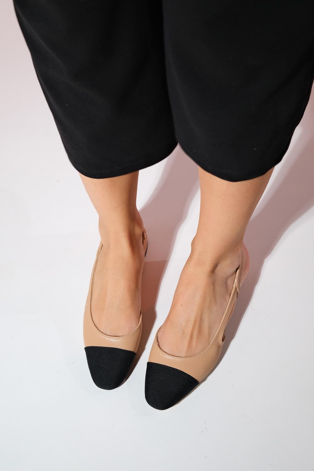 Lujo - Beige Backless Flat Ballerina – pair view showing leather, Vowalisse