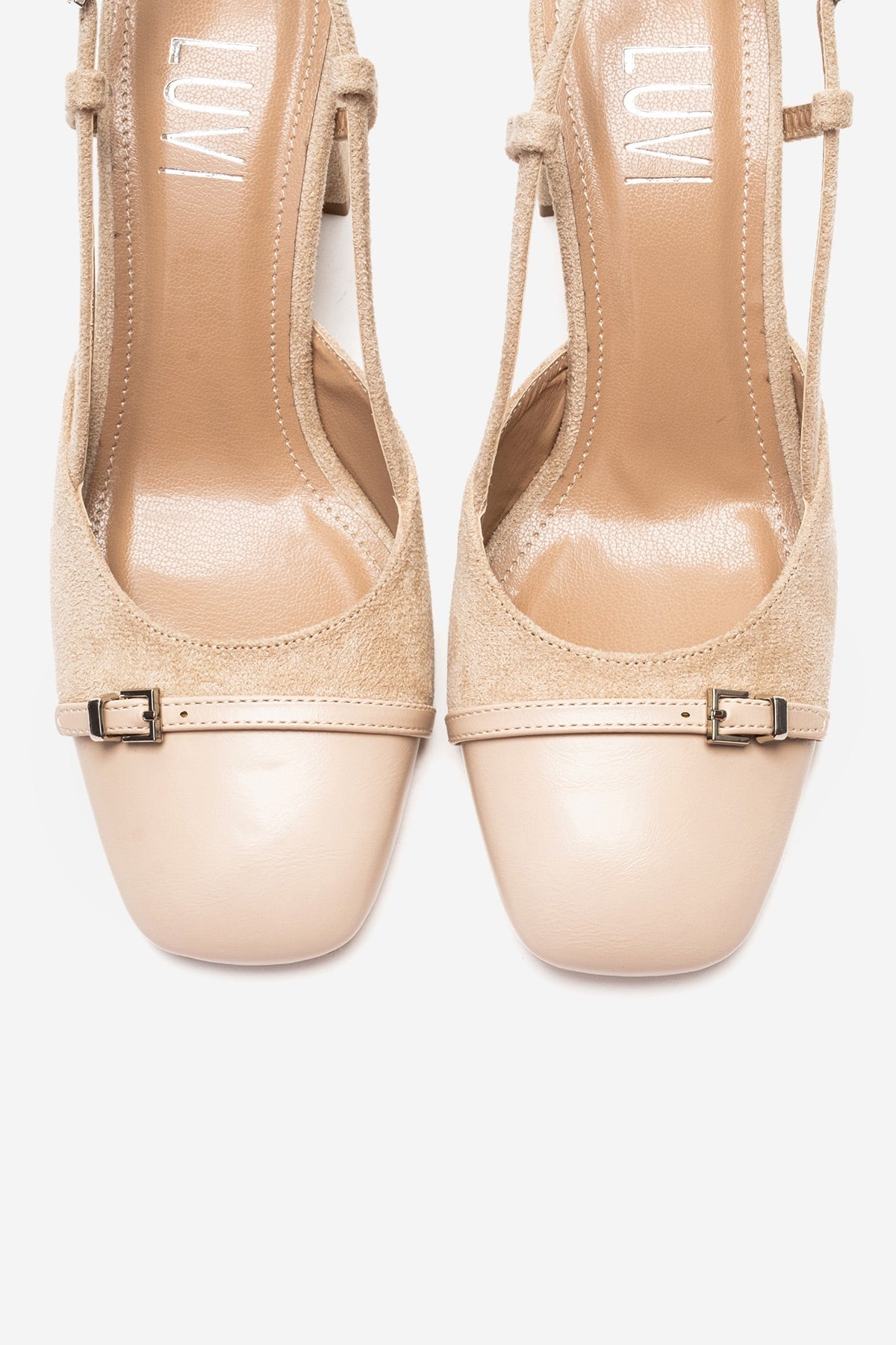 DESIA - Beige Block Heel Shoe – side view showing leather, suede, Vowalisse