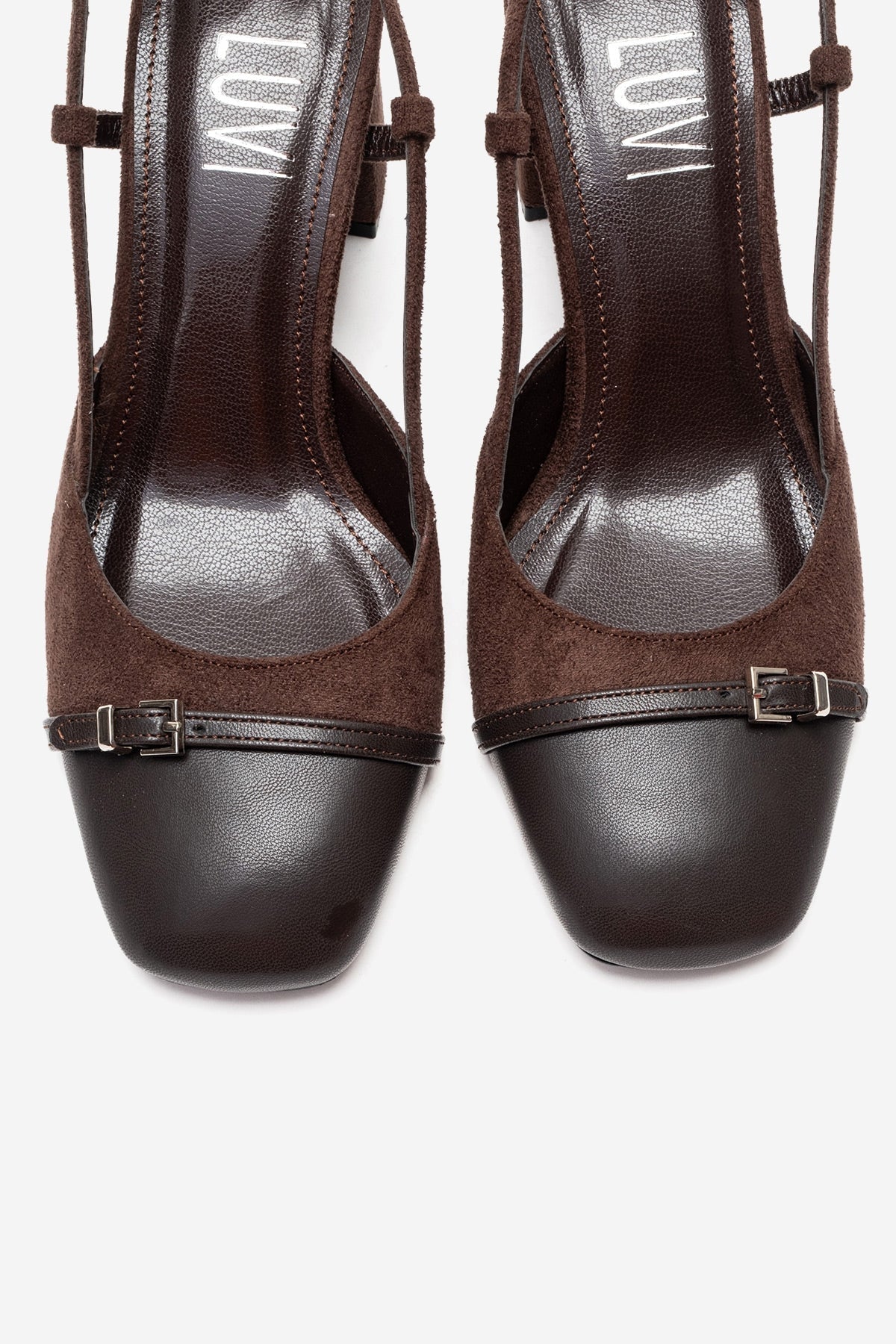 DESIA - Brown Block Heel Shoe – side view showing leather, suede, red, Vowalisse