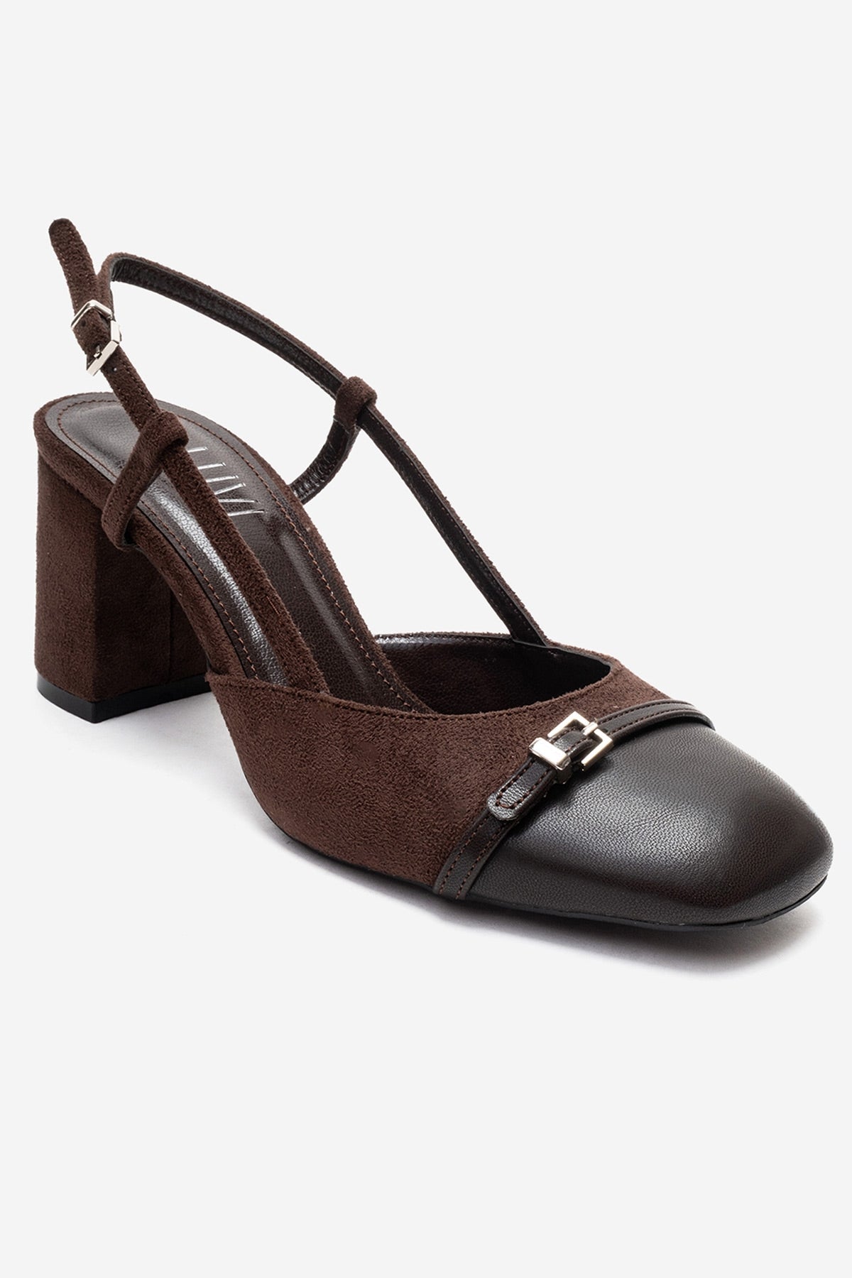 DESIA - Brown Block Heel Shoe – detail view showing leather, suede, red, Vowalisse