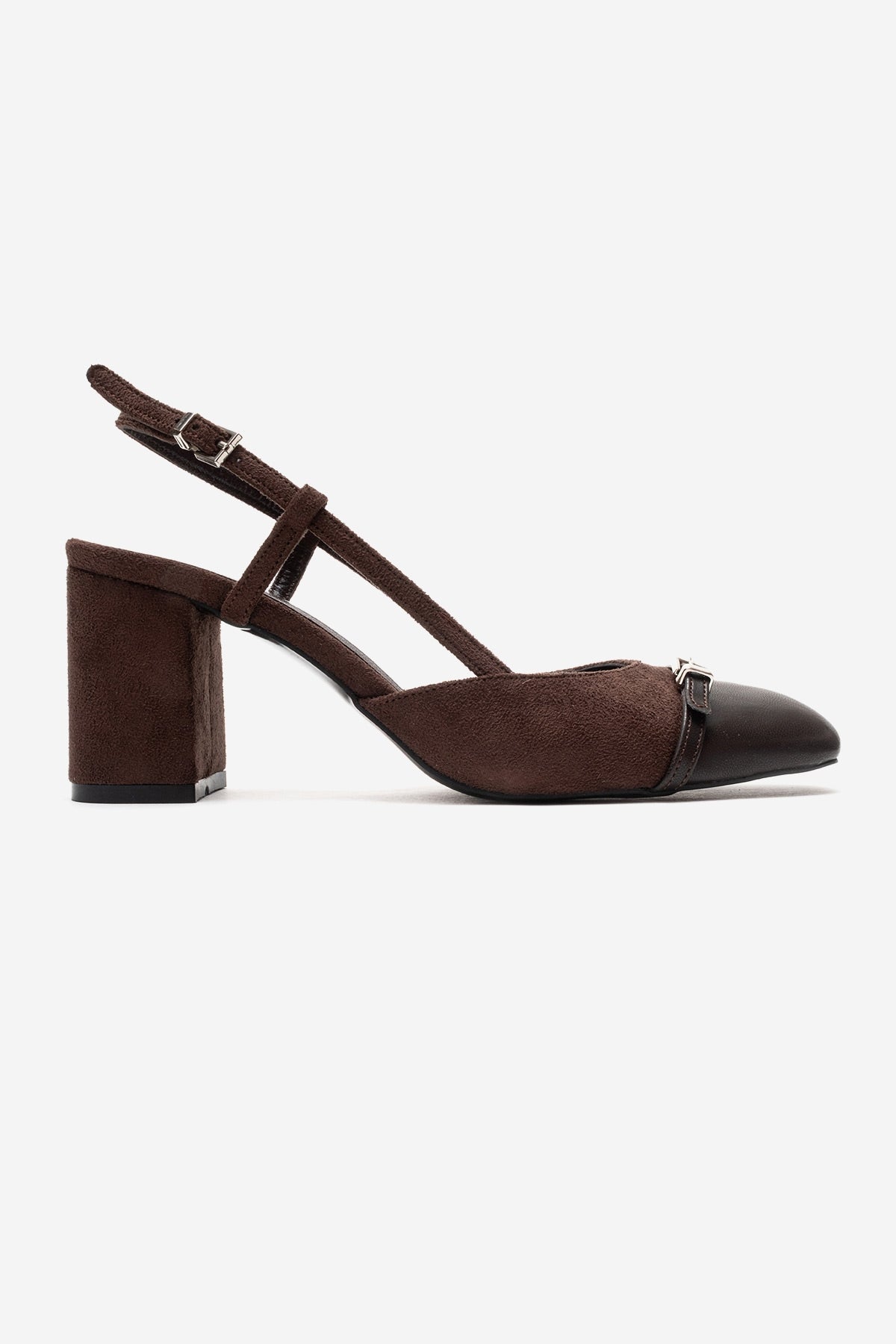 DESIA - Brown Block Heel Shoe – heel view showing leather, suede, red, Vowalisse