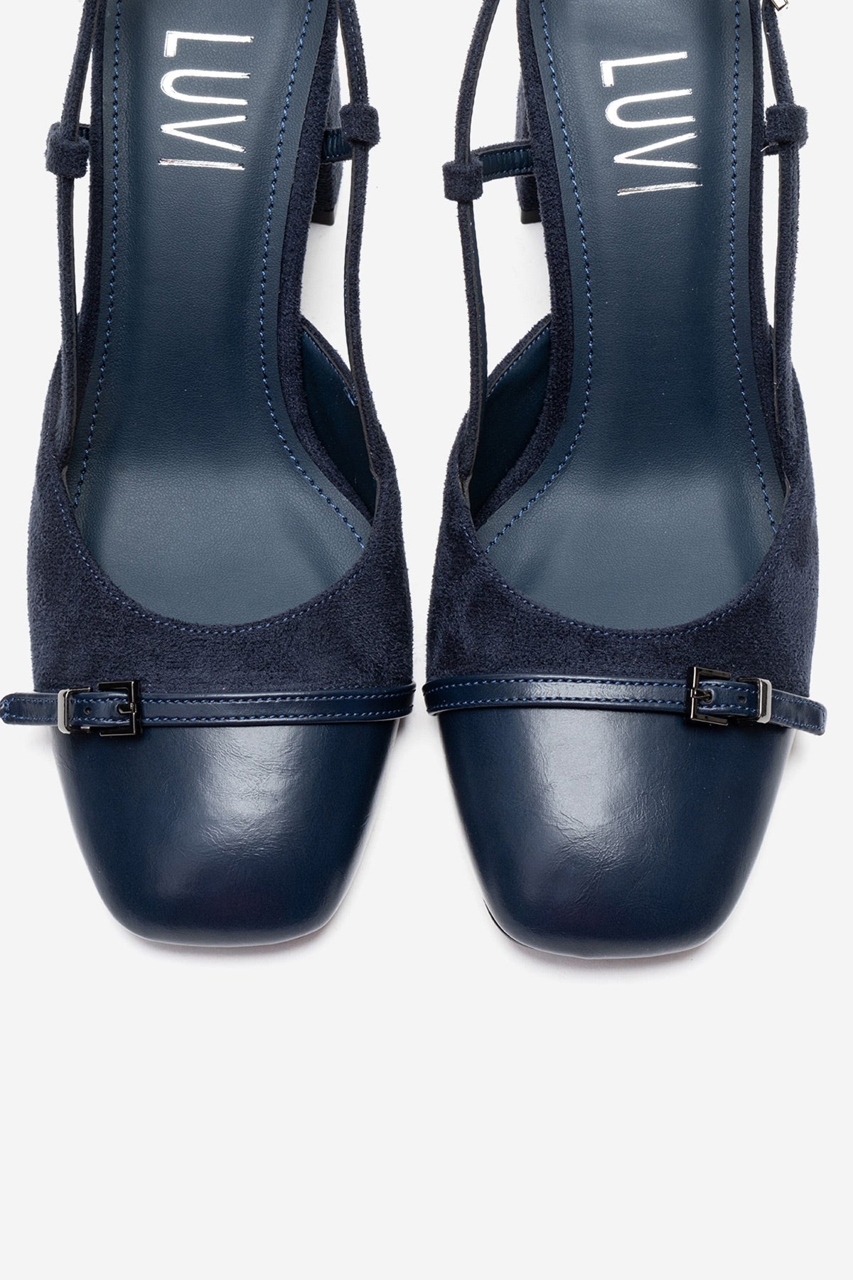 DESIA - Navy Block Heel Shoe – side view showing leather, suede, Vowalisse