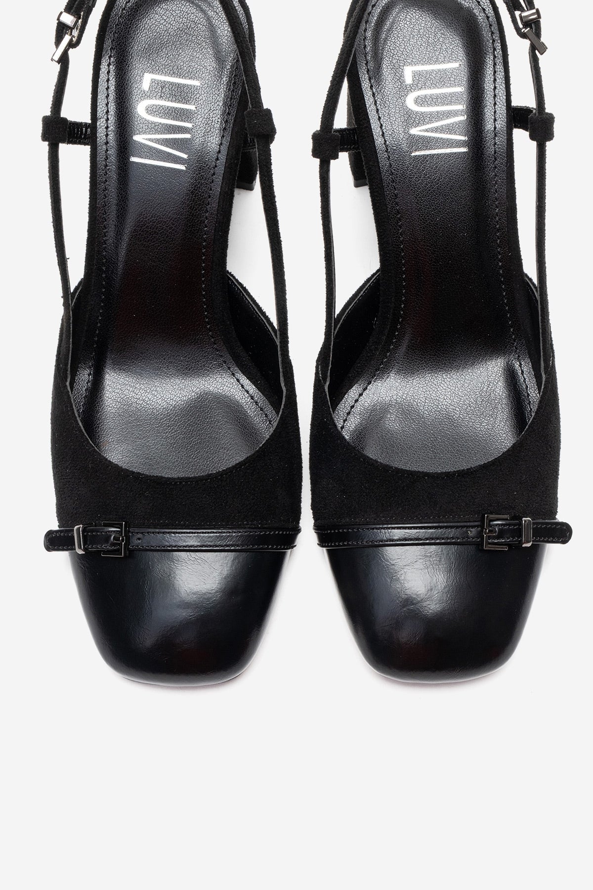 DESIA - Black Block Heel Shoe – side view showing leather, suede, black, Vowalisse