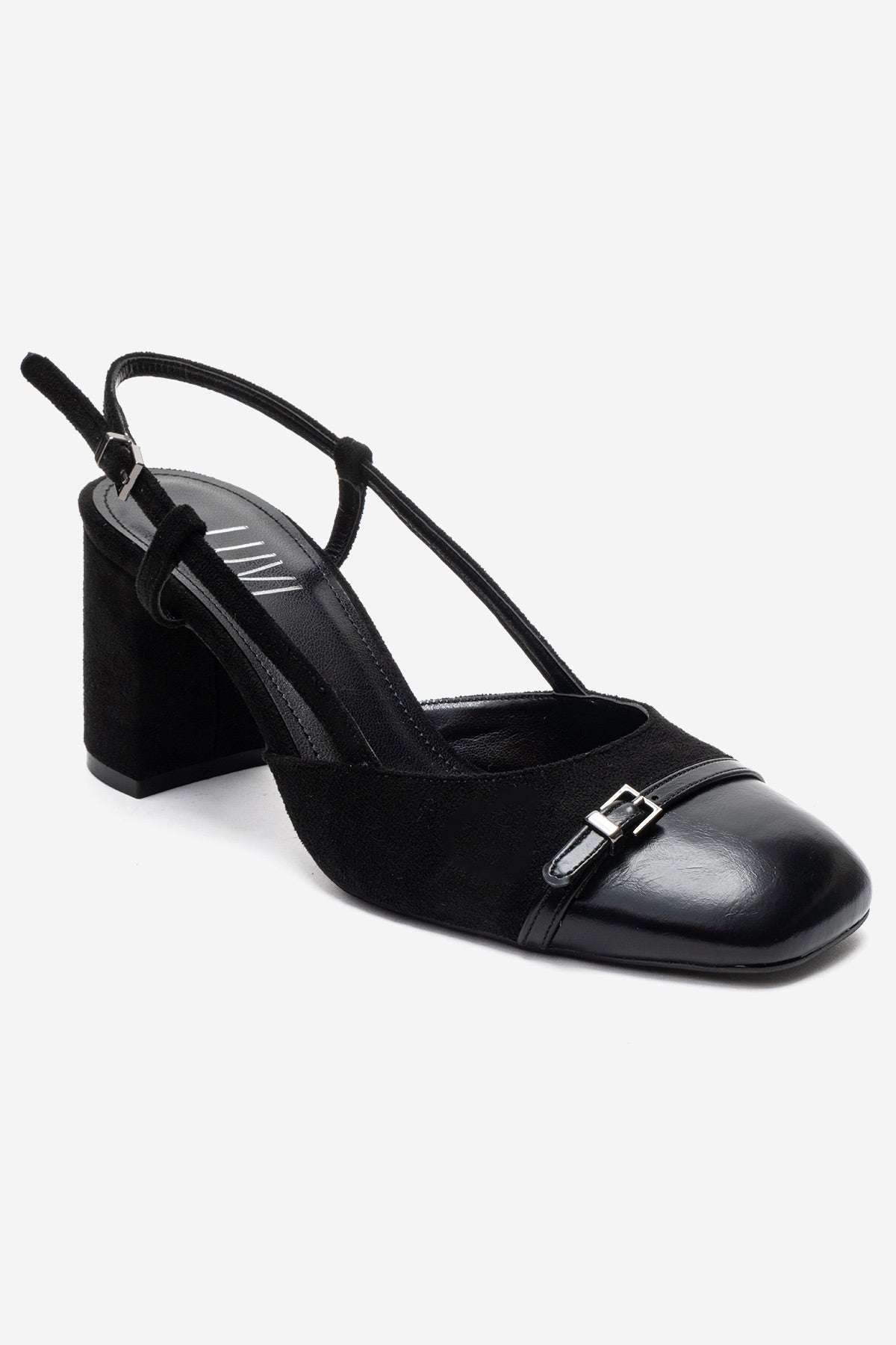 DESIA - Black Block Heel Shoe – detail view showing leather, suede, black, Vowalisse