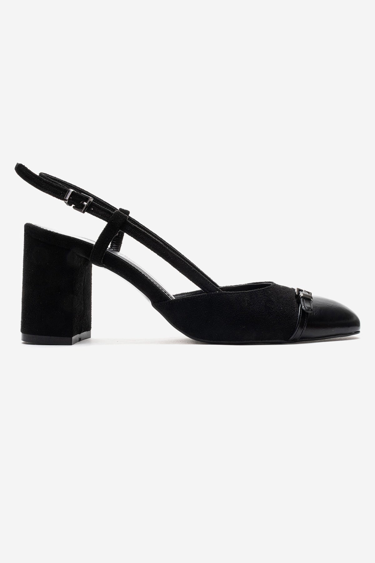 DESIA - Black Block Heel Shoe – heel view showing leather, suede, black, Vowalisse