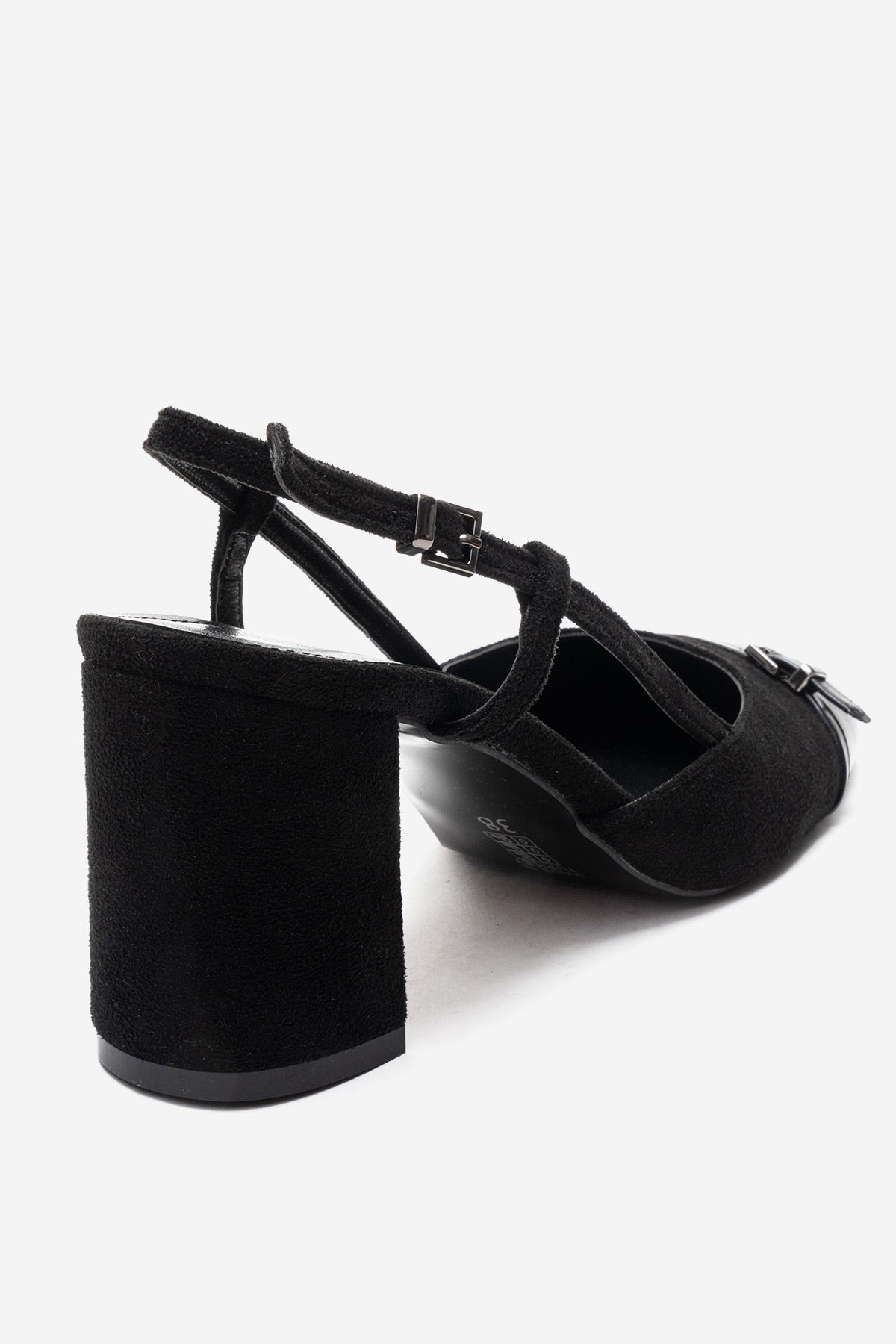 DESIA - Black Block Heel Shoe – back view showing leather, suede, black, Vowalisse