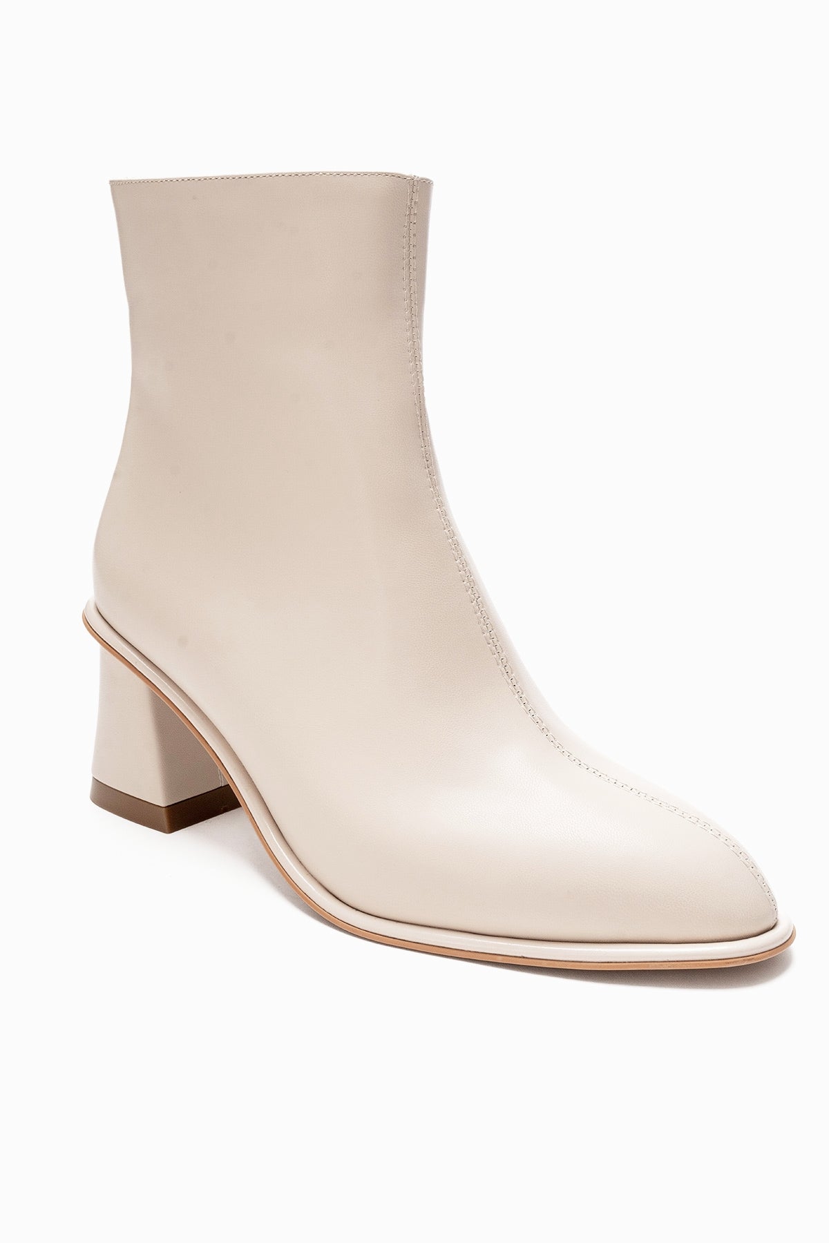 Alba - Off-White Genuine Leather Block Heel Boot – heel view showing leather, white, Vowalisse