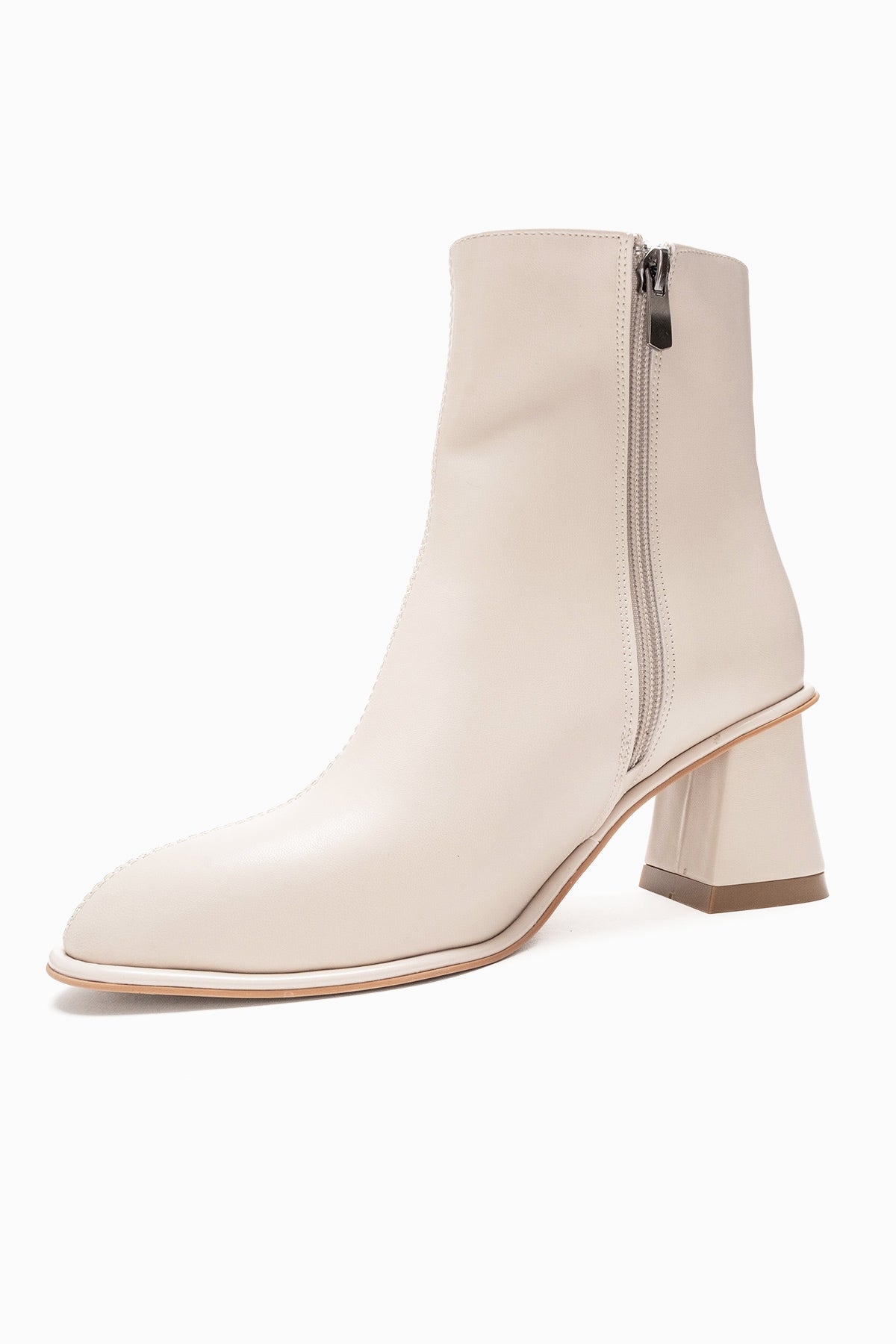 Alba - Off-White Genuine Leather Block Heel Boot – top view showing leather, white, Vowalisse