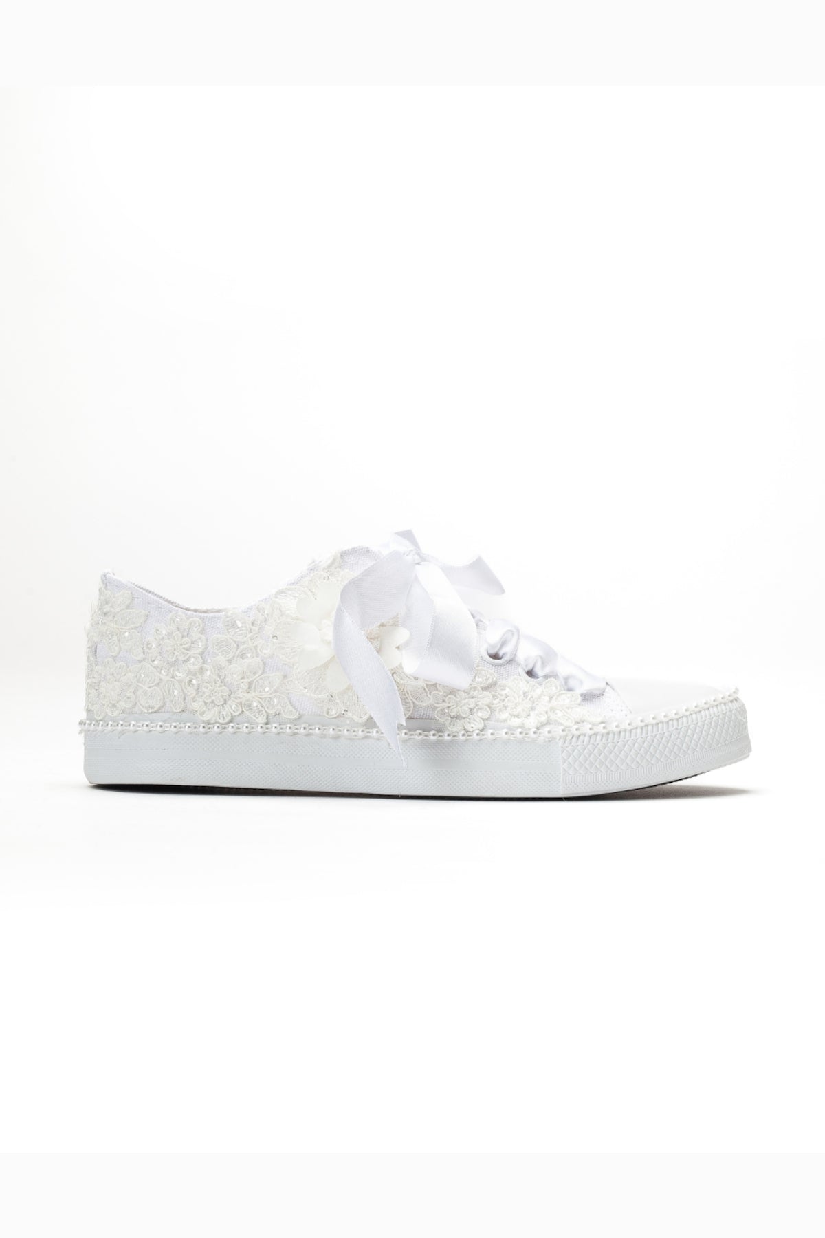 Marvelle Pearl Lace Bridal Sneaker – side view showing pearl, lace, satin, Vowalisse