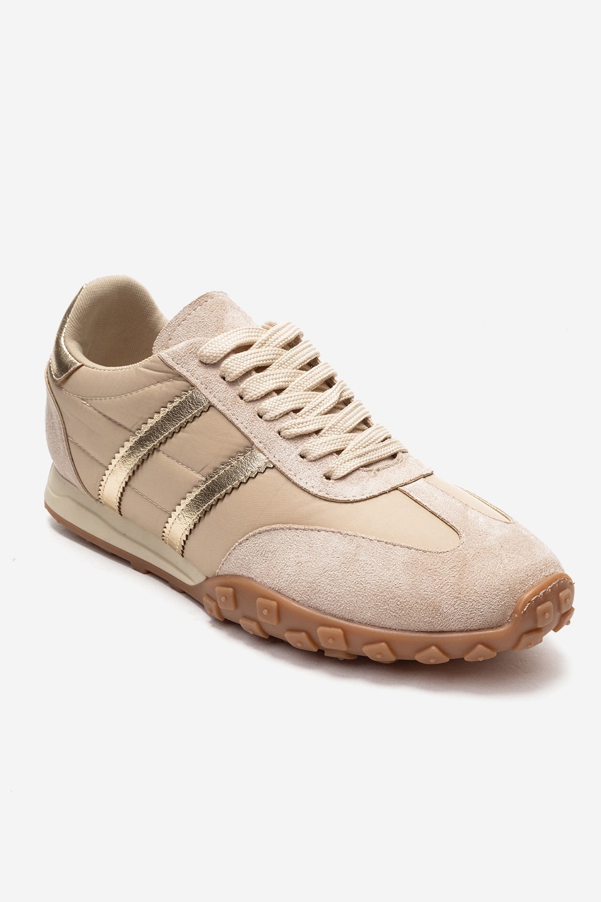 FLUX - Beige Suede Sneaker – detail view showing leather, suede, metallic, Vowalisse