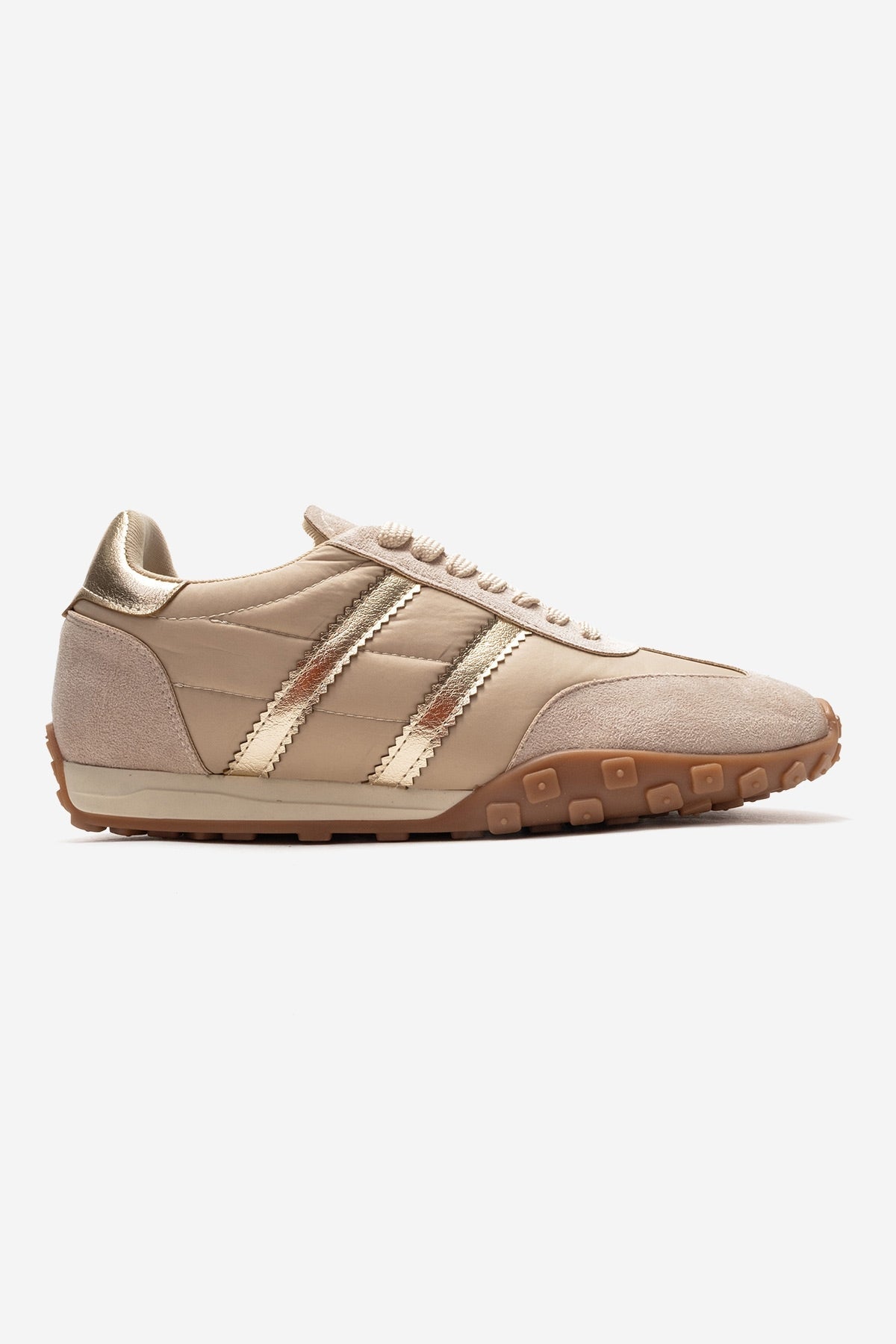 FLUX - Beige Suede Sneaker – heel view showing leather, suede, metallic, Vowalisse