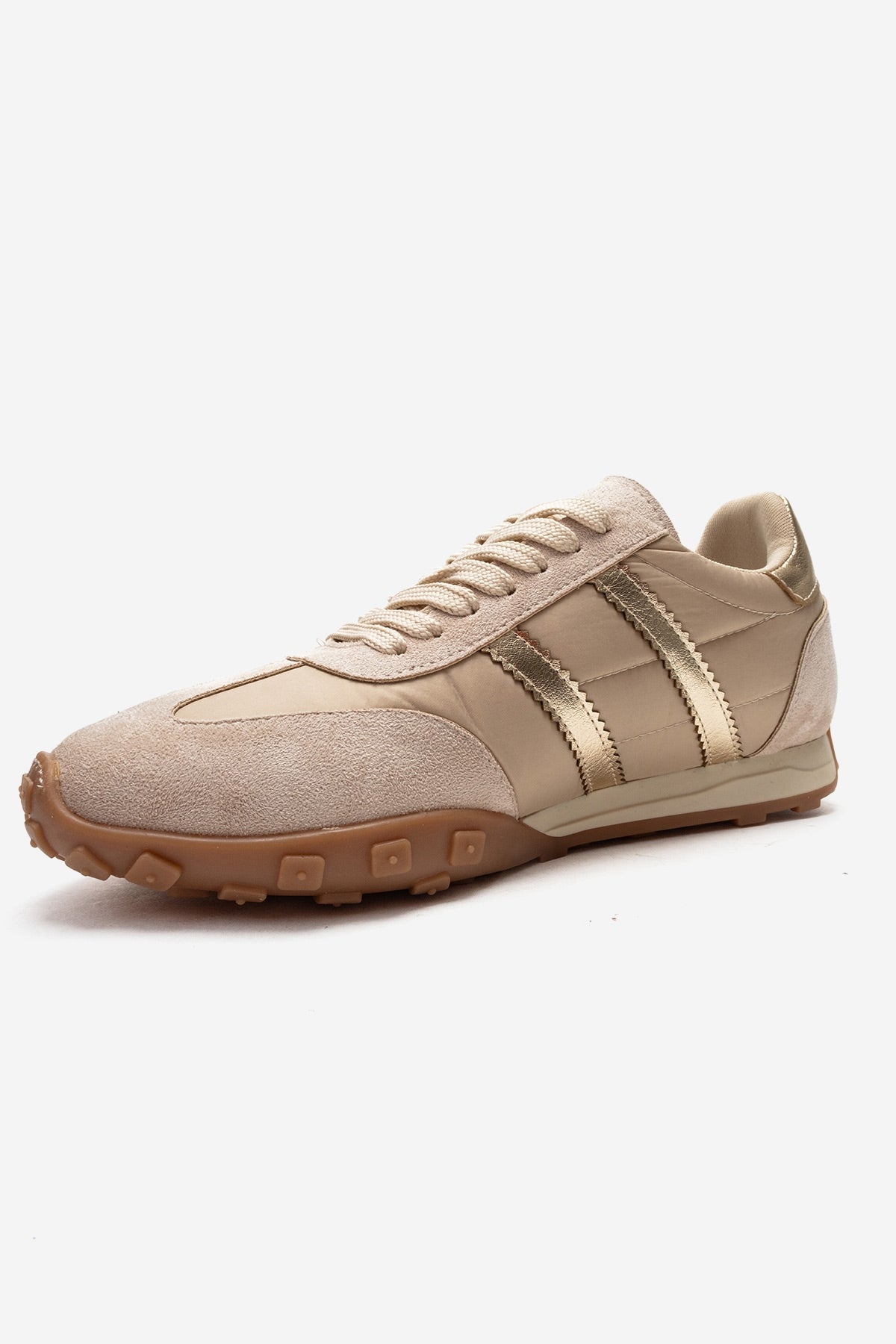 FLUX - Beige Suede Sneaker – top view showing leather, suede, metallic, Vowalisse