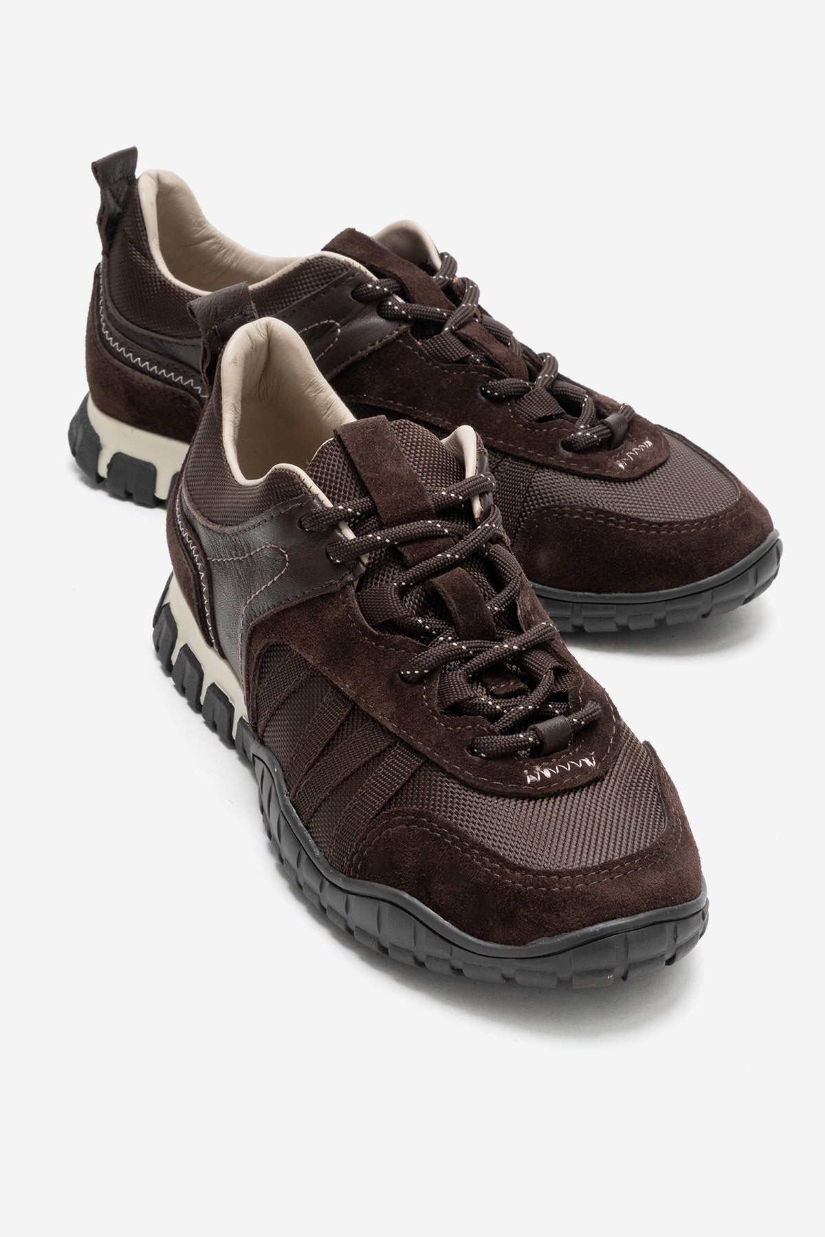 FIERA - Brown Genuine Leather Mesh Sneaker – front three-quarter view showing leather, mesh, Vowalisse