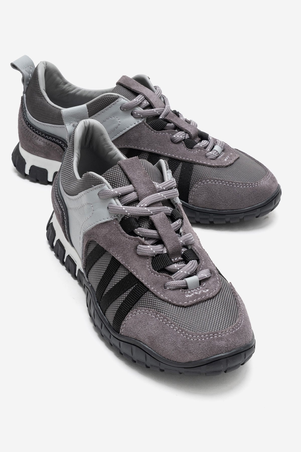 FIERA - Gray Black Genuine Leather Mesh Sneaker – front three-quarter view showing leather, mesh, black, Vowalisse