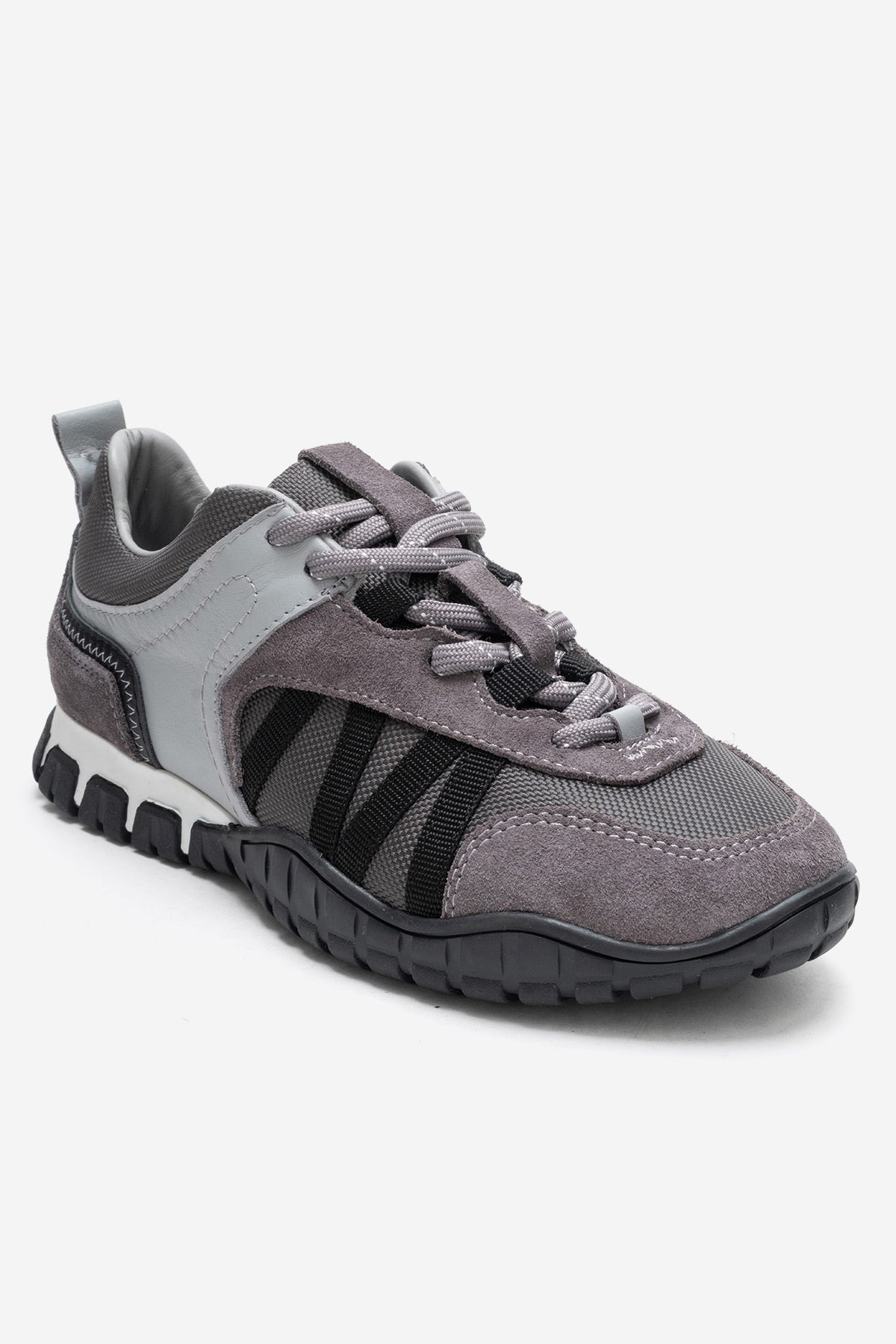 FIERA - Gray Black Genuine Leather Mesh Sneaker – detail view showing leather, mesh, black, Vowalisse