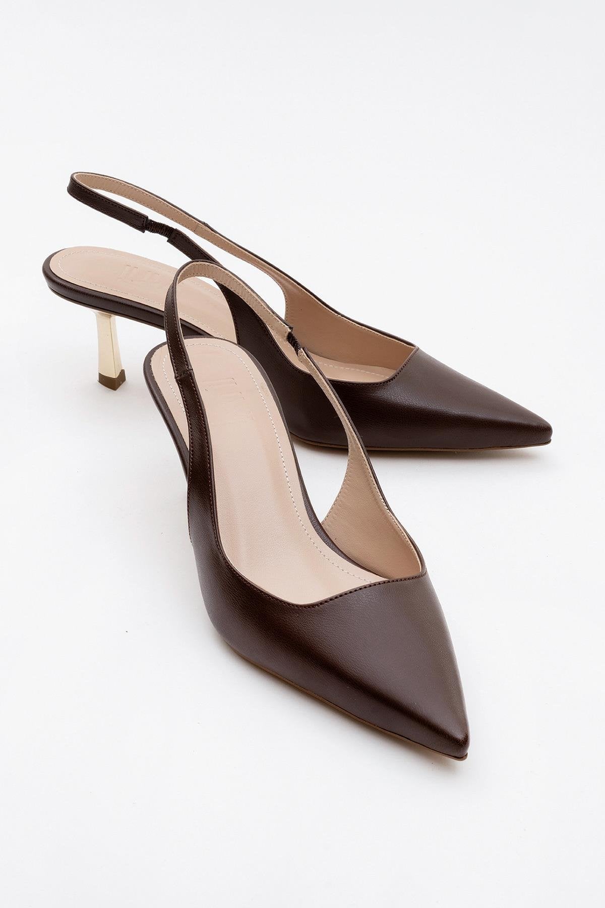 Marten - Brown Pointed Toe Backless Stiletto – front three-quarter view showing leather, Vowalisse