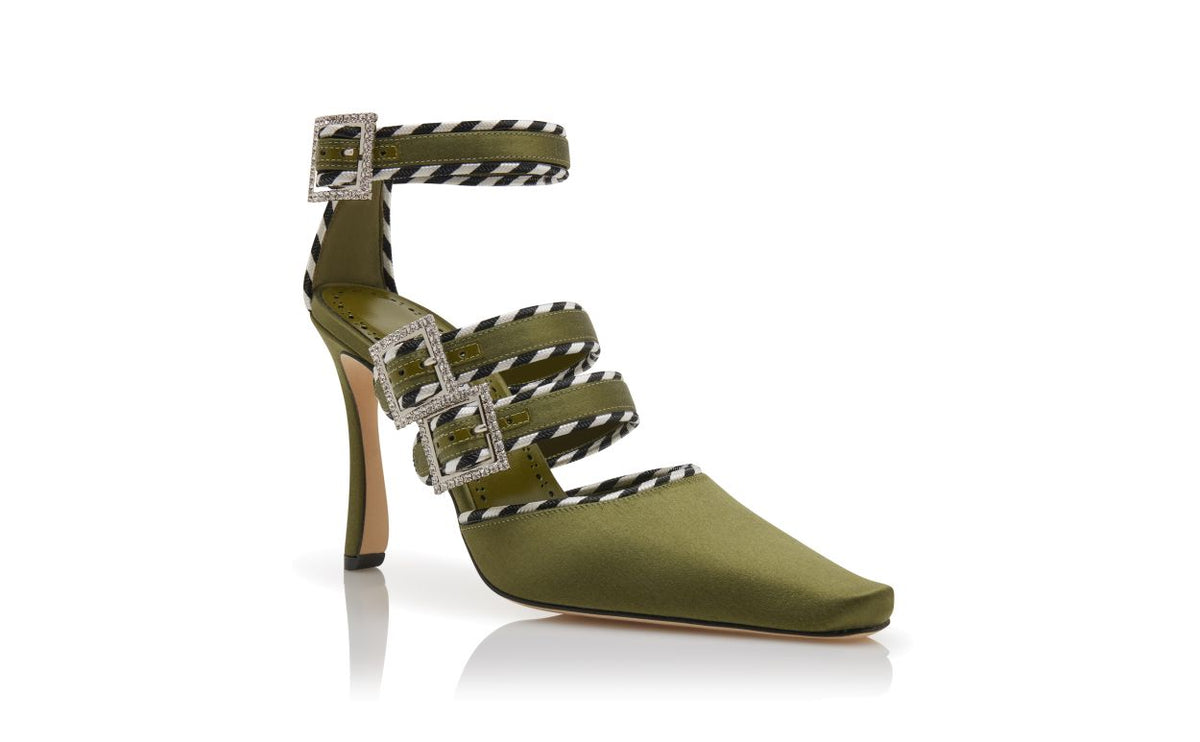 Ophelia Rose Green Crystal Buckle Ankle-Strap Shoes – top view showing green crystal buckle, crystal embellished, ankle…
