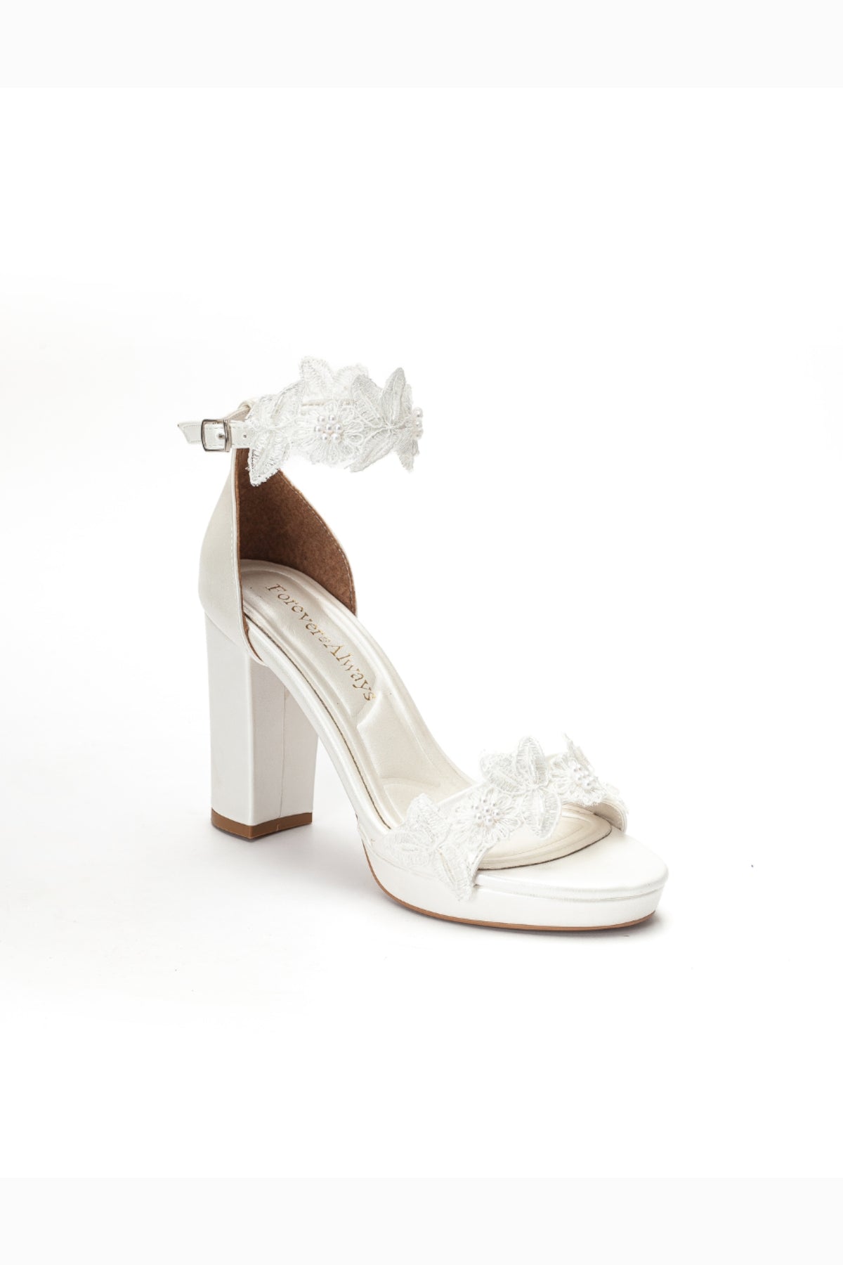 Isadora Lace Bridal Heel – front three-quarter view showing lace, leather, ivory, Vowalisse