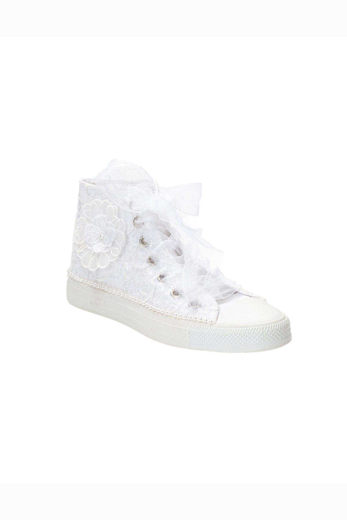 Mariselle Pearl Lace Bridal High-top Sneaker – front three-quarter view showing pearl, lace, sequin, Vowalisse