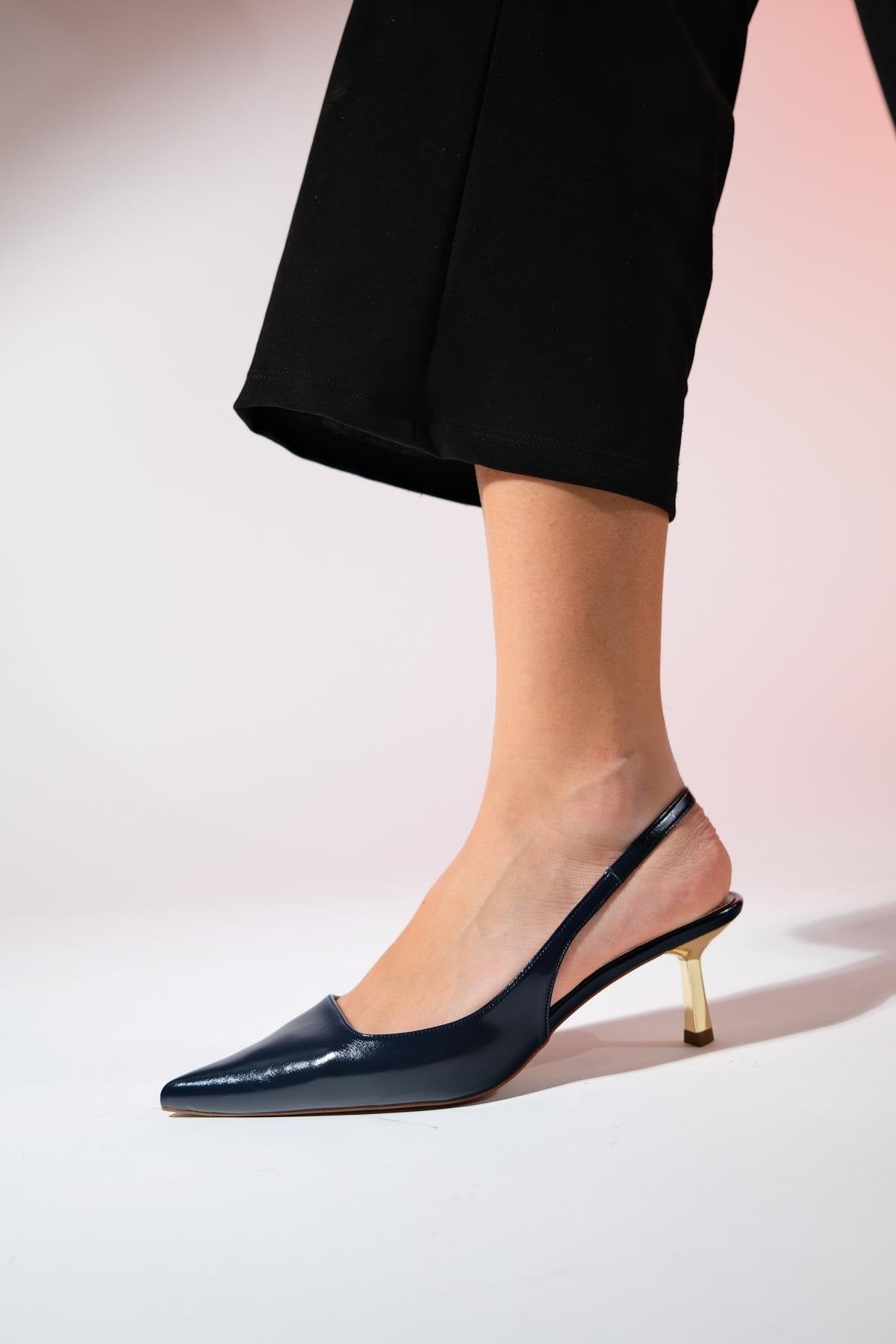 Marten - Navy Pointed Toe Backless Stiletto – heel view showing leather, Vowalisse