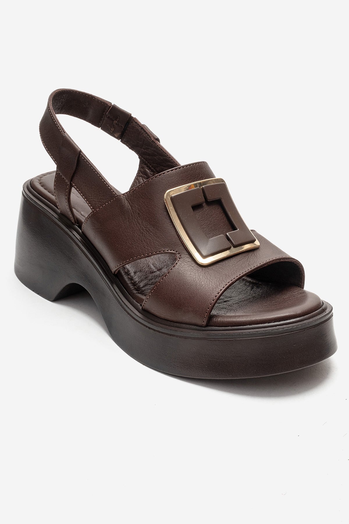 Lucia - Brown Buckle Genuine Leather Wedge Heel Sandal – detail view showing leather, Vowalisse