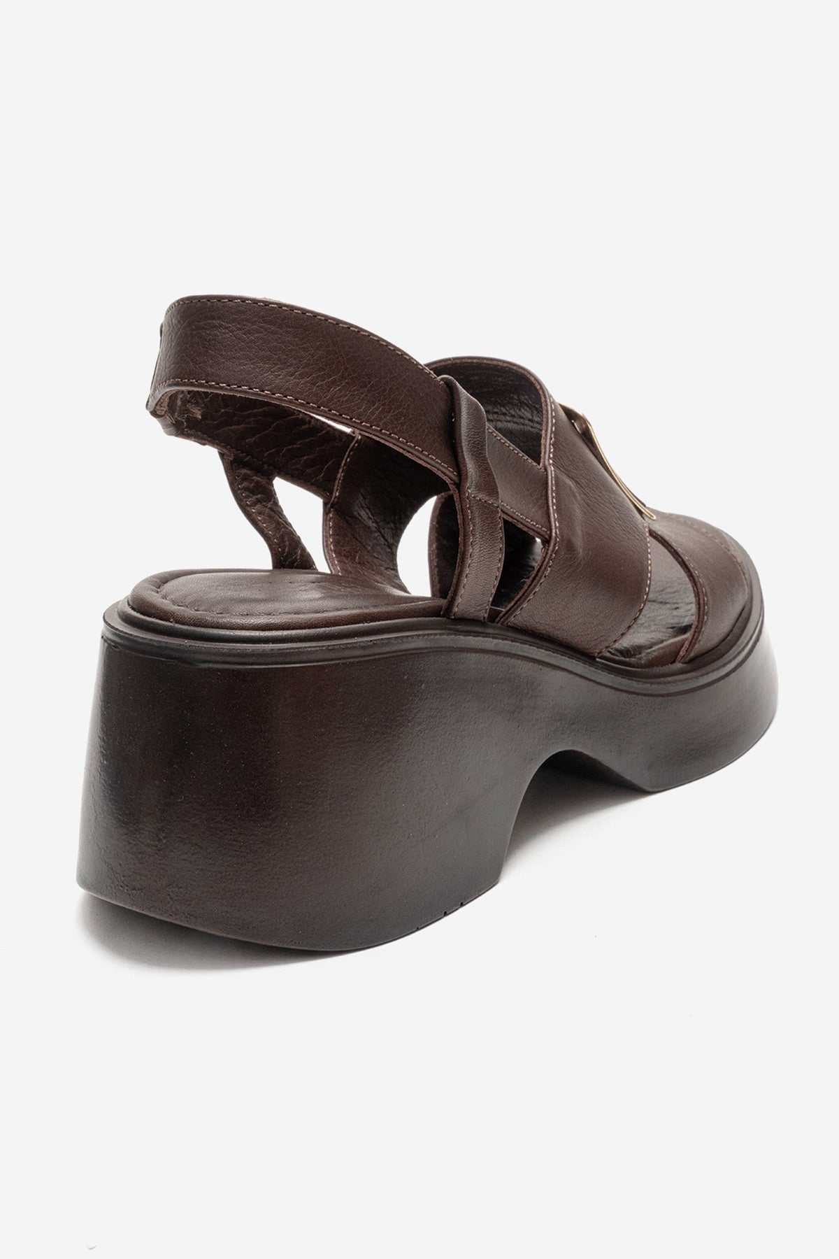 Lucia - Brown Buckle Genuine Leather Wedge Heel Sandal – back view showing leather, Vowalisse